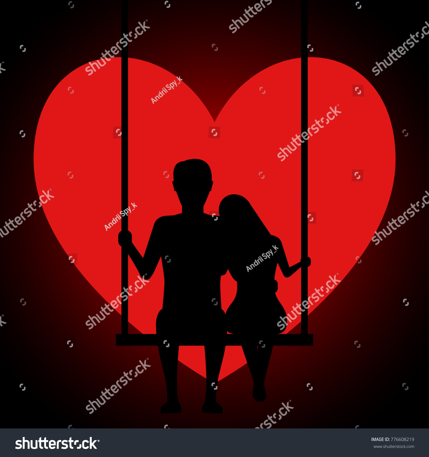 Man and woman embracing sitting on a swing in the background of the moon in the form of a heart. Two lovers sitting on a swing at sunset. Valentines Day Card. Vector illustration