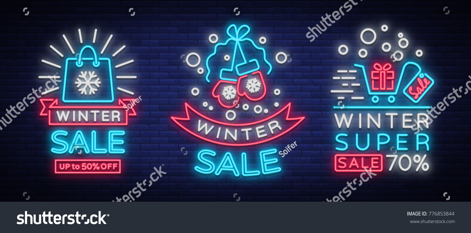 Winter sale is a set of banners in the neon style. Vector illustration on Winter  New Year and Christmas discounts and sales. Collection of neon signs  vivid sign  luminous advertising  postcard