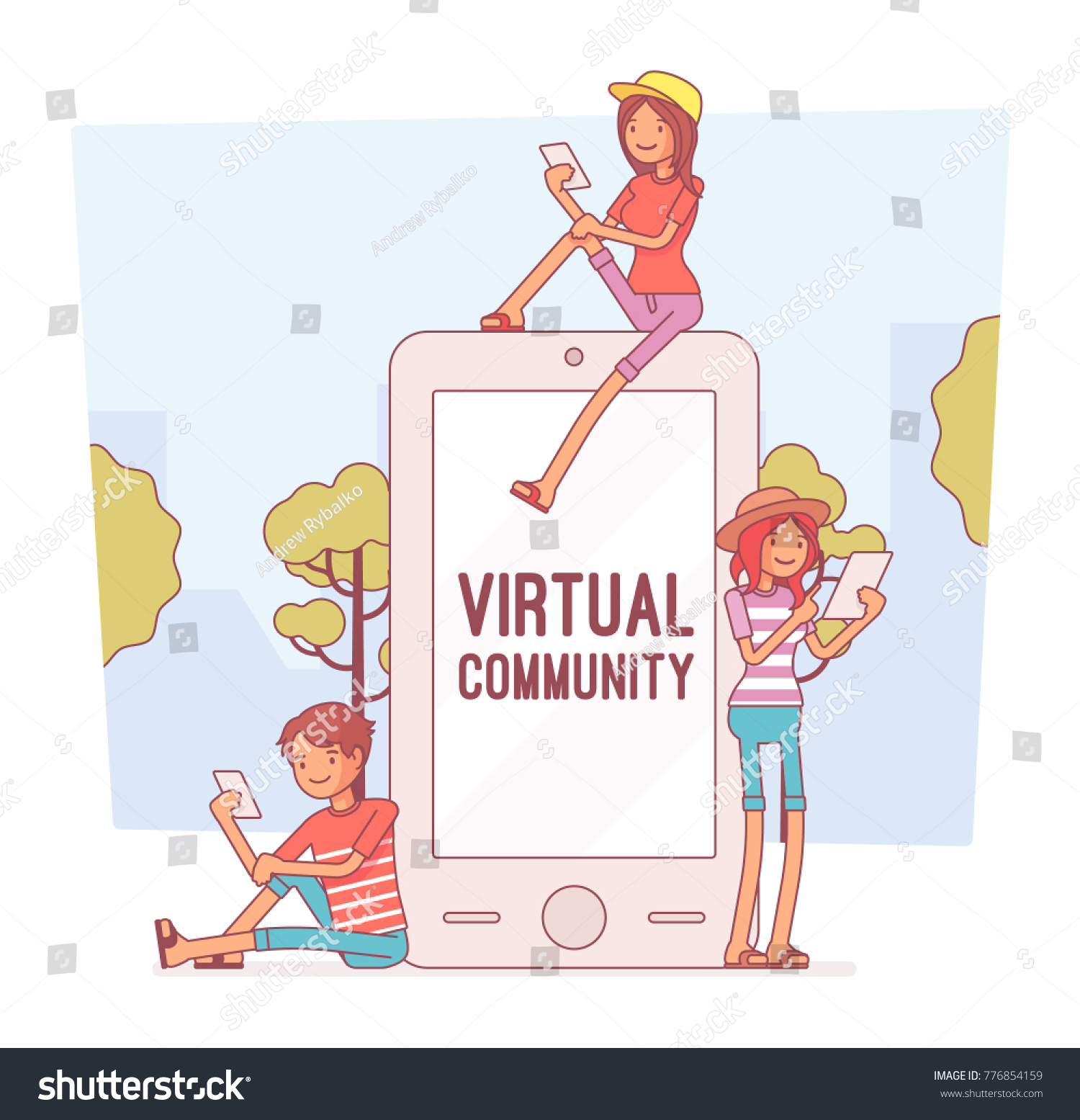 Virtual youth communication. Audio  video or text interaction with friends  contacts with imaginary group  speaking  writing without meeting. Vector business concept line art illustration