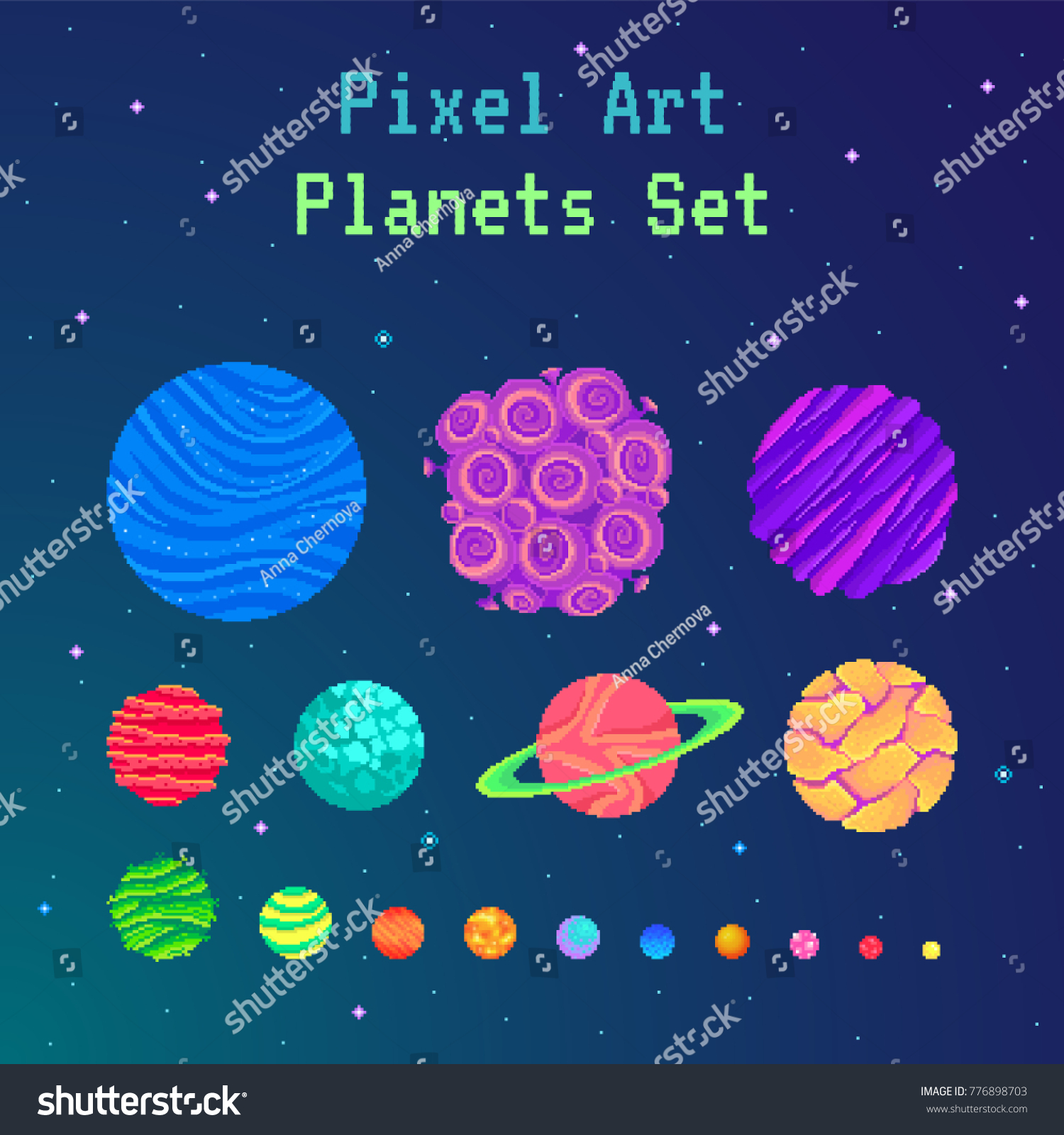Pixel art planets set . Cartoon collection for design. Vector illustration.