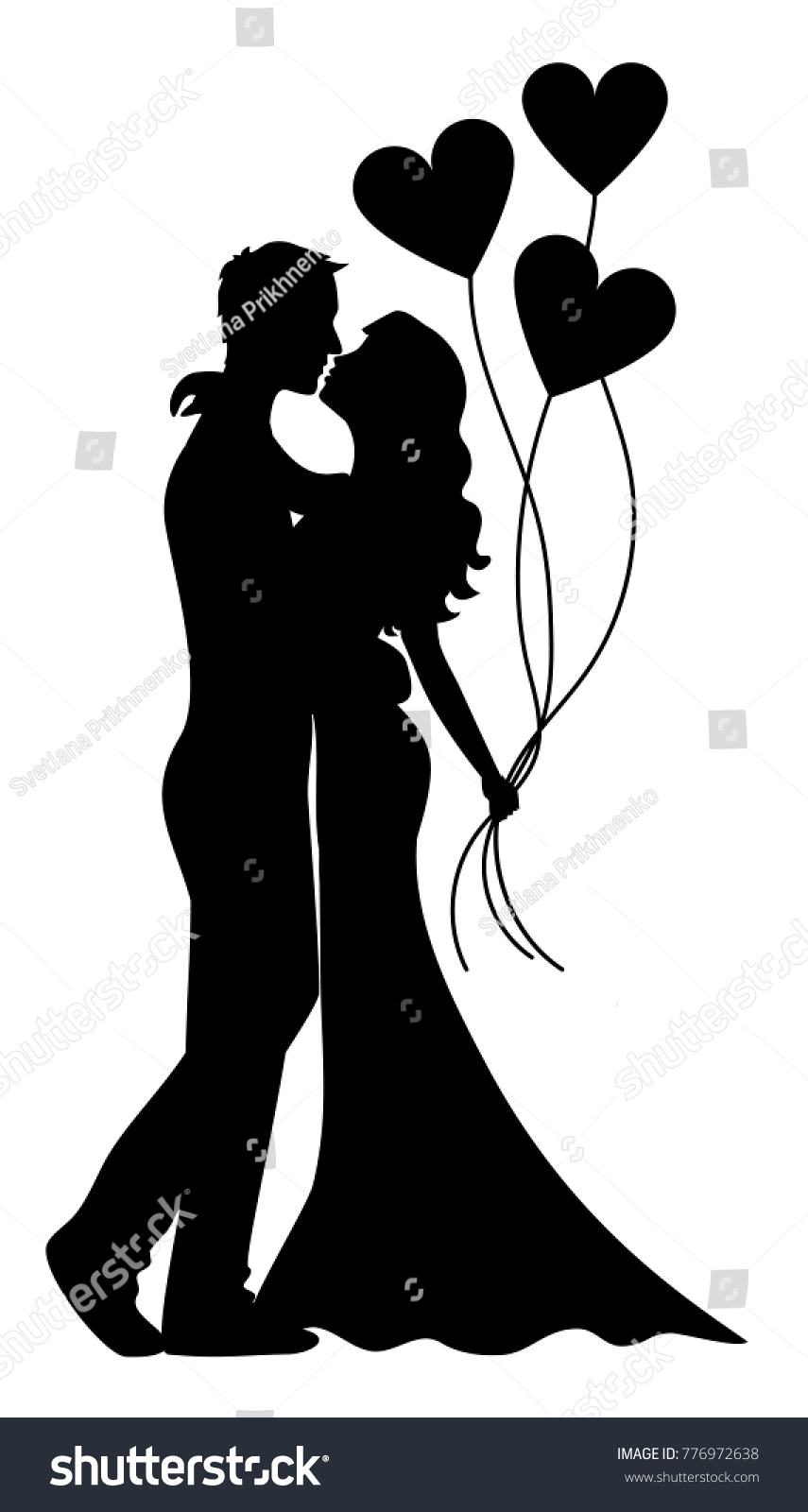 Kissing young cup and heart balloons. Black silhouette of lovers