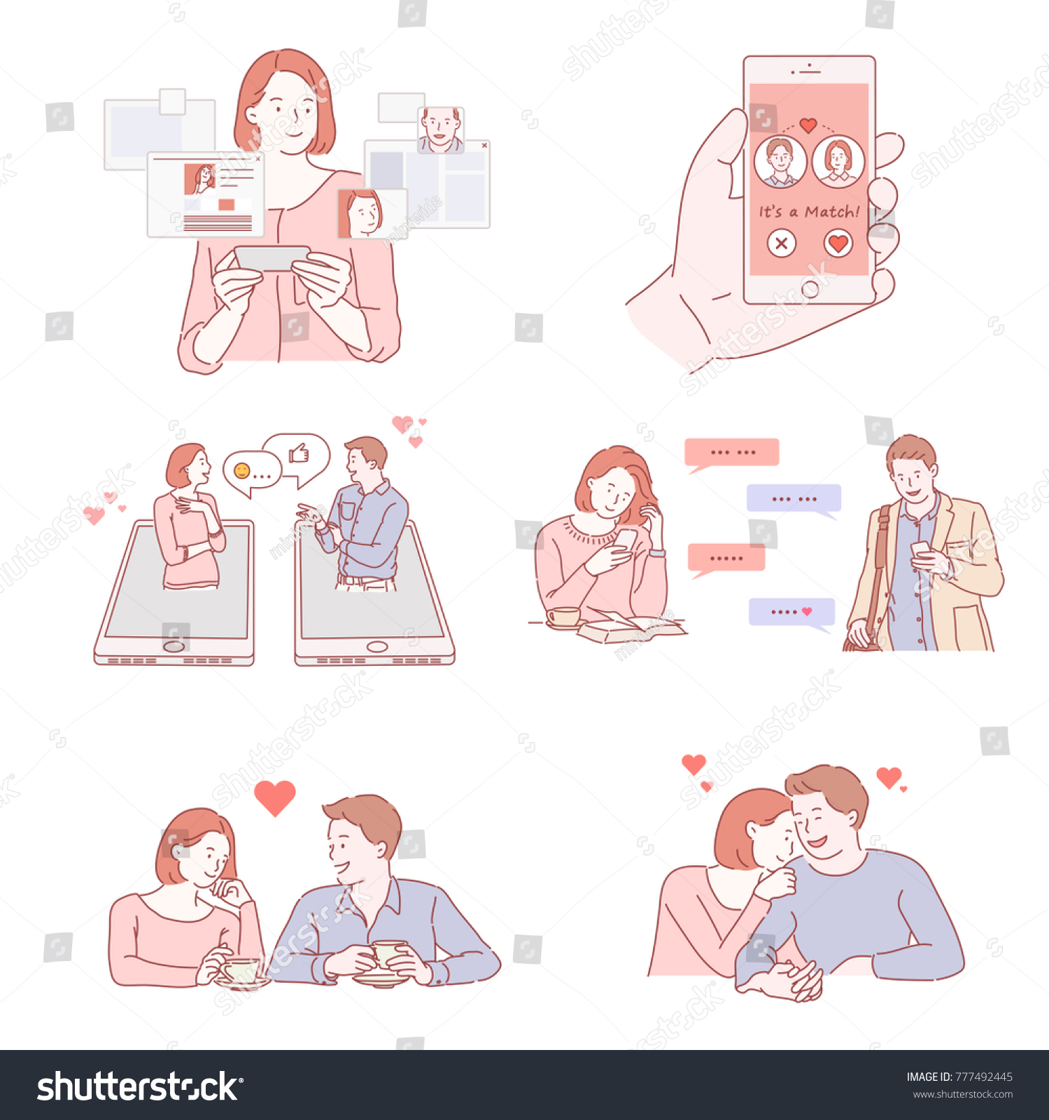 Couple characters dating on smart phones hand drawn style vector doodle design illustrations.