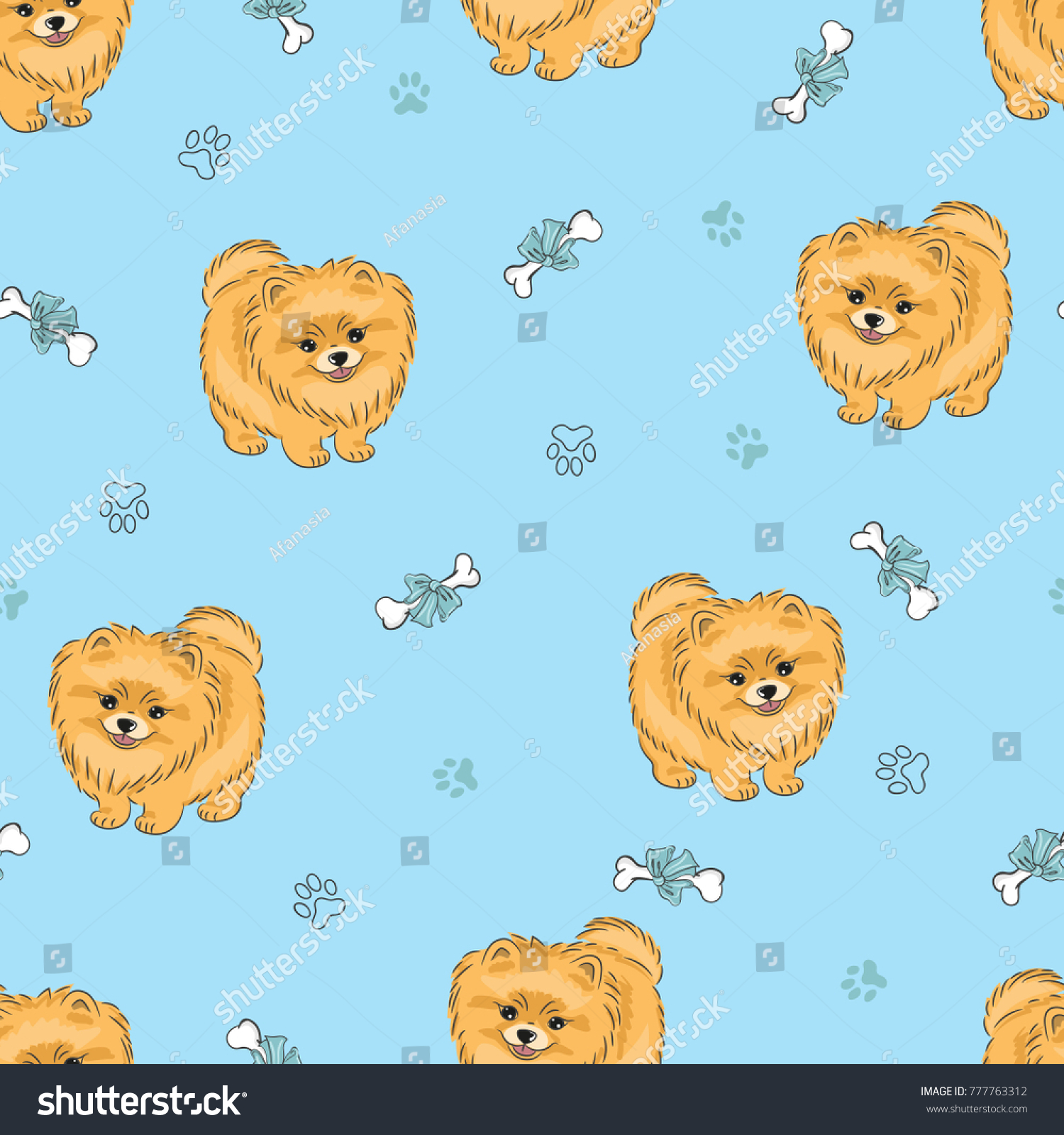 Seamless pattern with cute pomeranian puppy on blue. Vector dogs background.