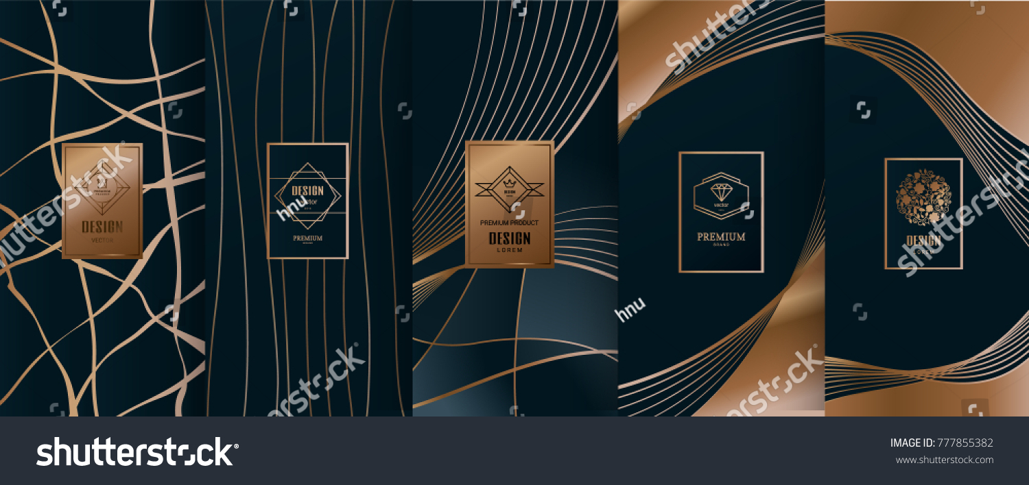 Collection of design elements labels icon frames  for packaging design of luxury products.Made with golden foil.Isolated on black background. vector illustration