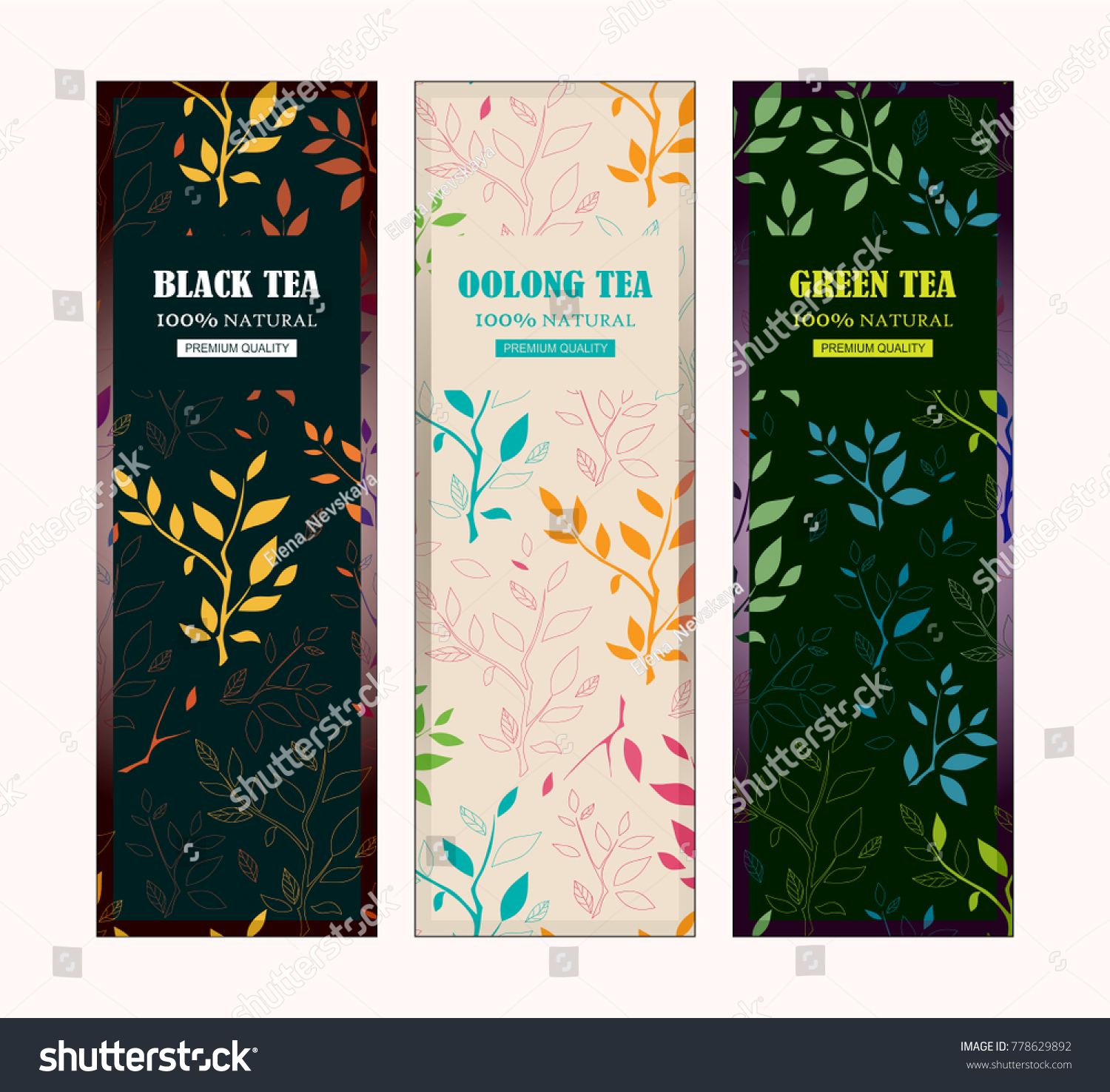 Set of vector templates for tea packages  labels or stickers for black  green  oolong tea. Herbal  branches and leaves illustration  simple flat style. Different colors for each sort of tea