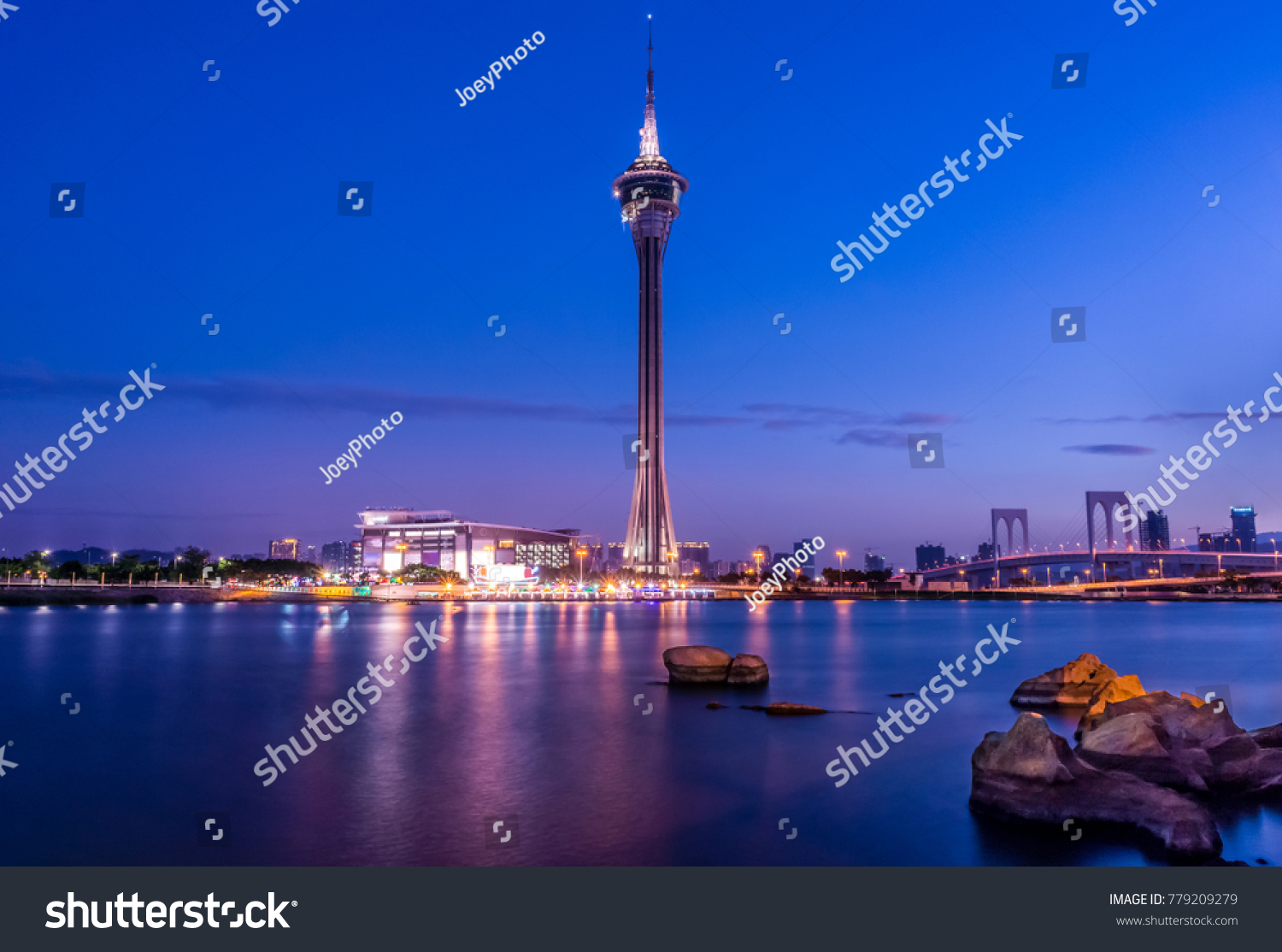 Macau Tower and Ponte de Sai Van Bridge at night. Scenery view shooting from Sai Van Lake.
