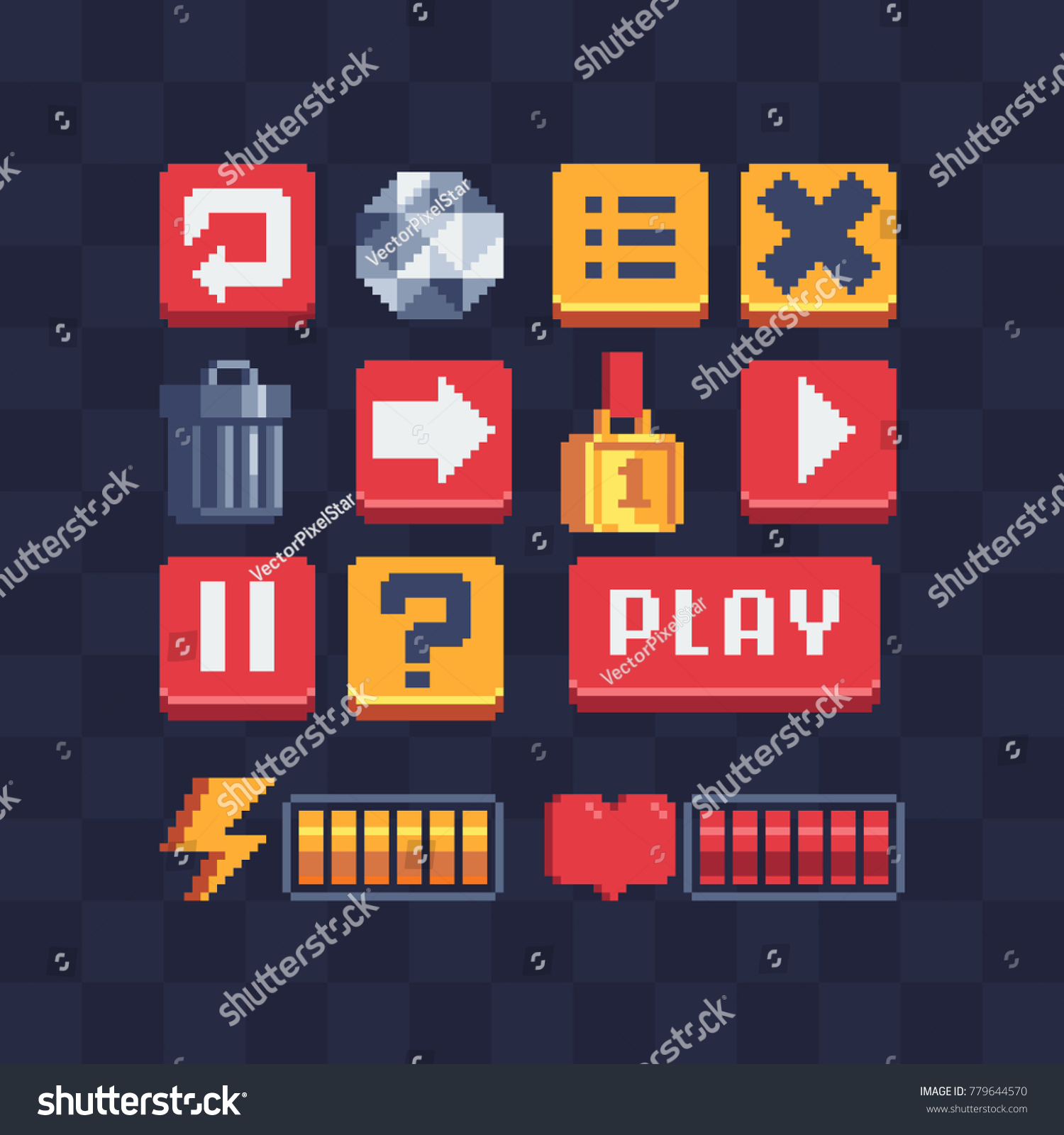 Pixel art icons set. Video game achievements. Options items. Game UI options. Trash basket. Battery charge. 8-bit sprites. Game assets. Isolated  abstract vector illustration.