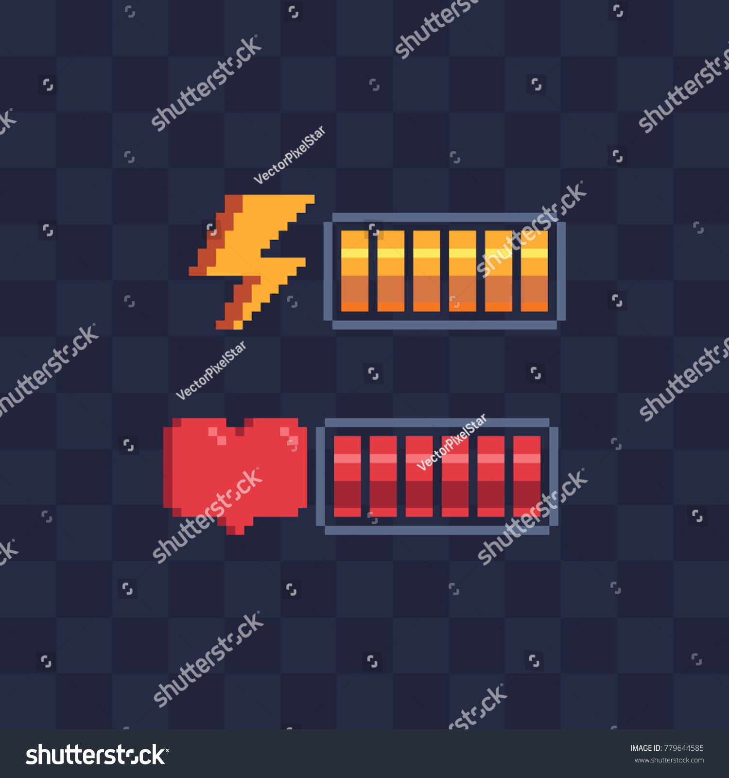 Pixel art style. Battery charge. Full health bar. Video game 8-bit sprite. Sign energy  heart. Isolated abstract vector illustration. 