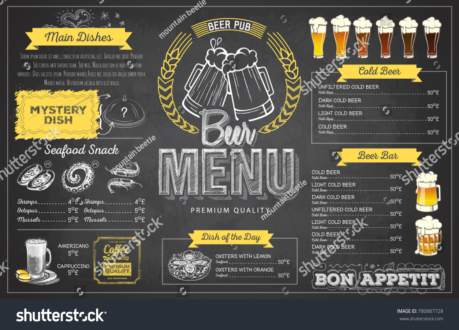 Vintage chalk drawing beer menu design. Restaurant menu