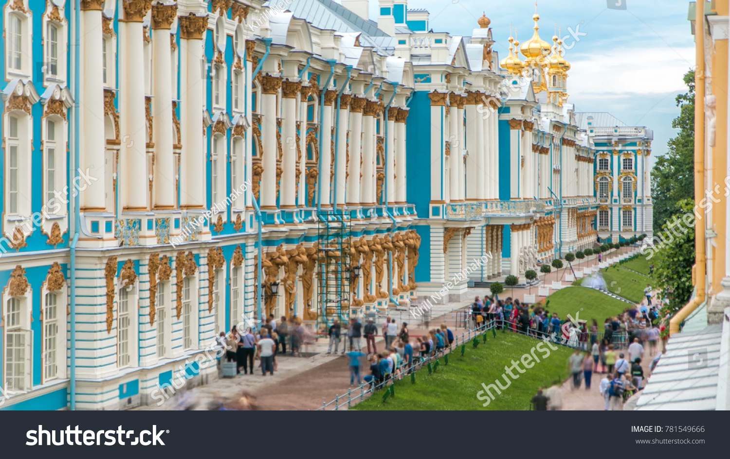 Top view of the Catherine Palace is a Rococo palace located in the town of Tsarskoye Selo (Pushkin) long queue of tourists 25 km south-east of St. Petersburg Russia.