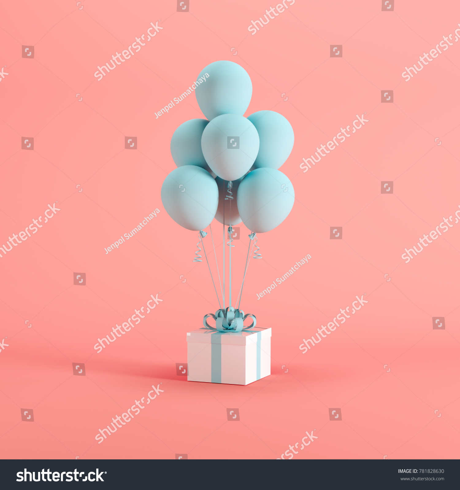 白色礼品盒 带有蓝色丝带和气球在粉红色背景上。最小的圣诞节新特概念。
