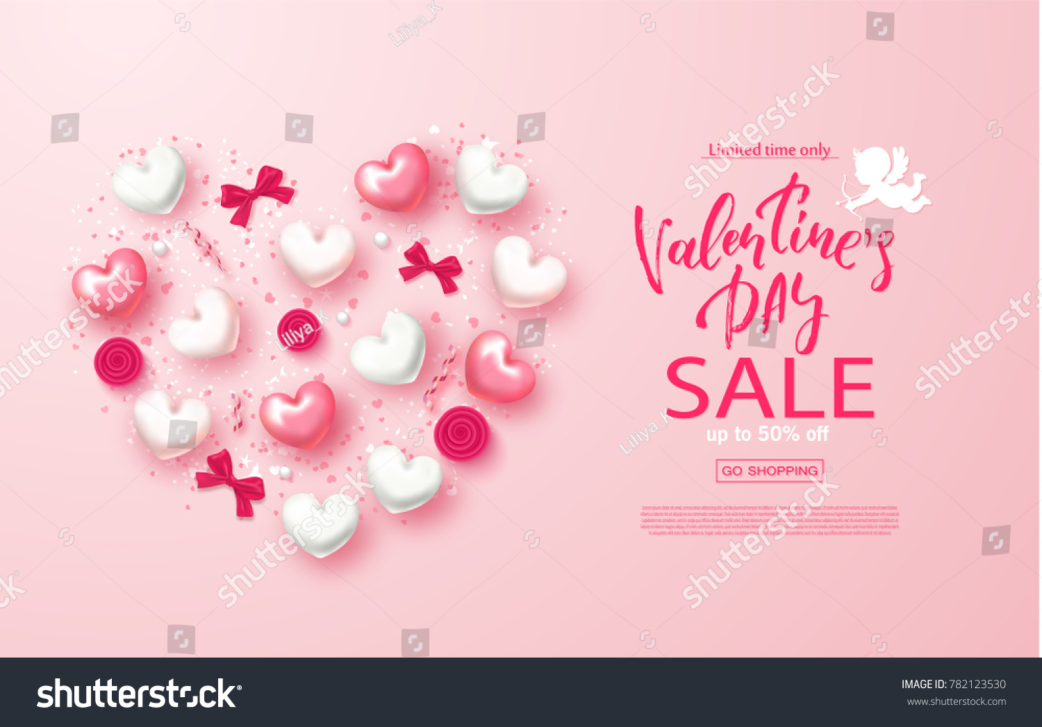 Valentines day sale banner. Beautiful Background with Hearts   bows  roses and serpentine. Vector illustration for website   posters  email and newsletter designs  ads  coupons  promotional material.