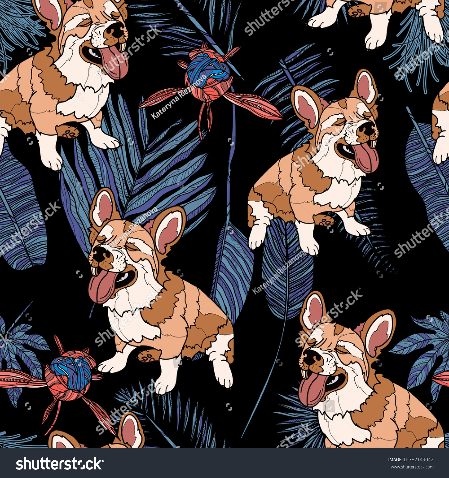 Seamless pattern with cute corgi dog  tropical leaves and peony bouton. Vector illustration. Typography design elements for prints  cards  posters  products packaging  branding