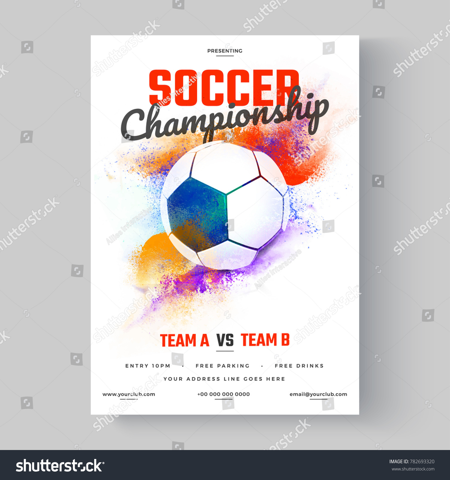 Soccer ball  soccer championship flyer or poster design on colorful background.