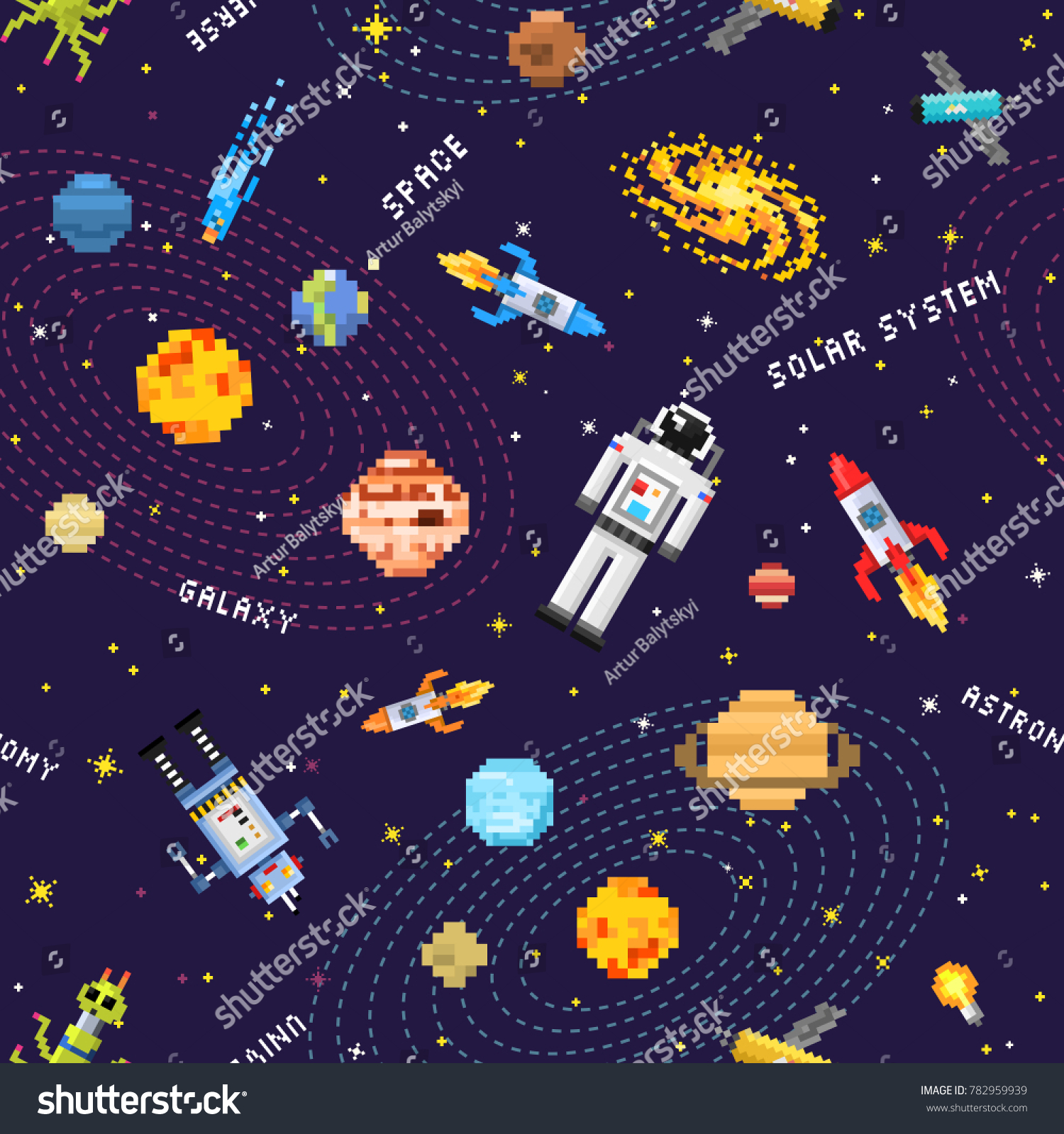 space seamless pattern background  alien spaceman  robot rocket and satellite cubes solar system planets pixel art  digital vintage game style. Mercury  Venus  Earth  Mars  Jupiter  Saturn.