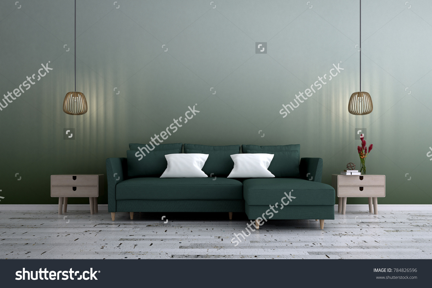 The minimal living room interior design and green wall pattern background / 3D rendering model