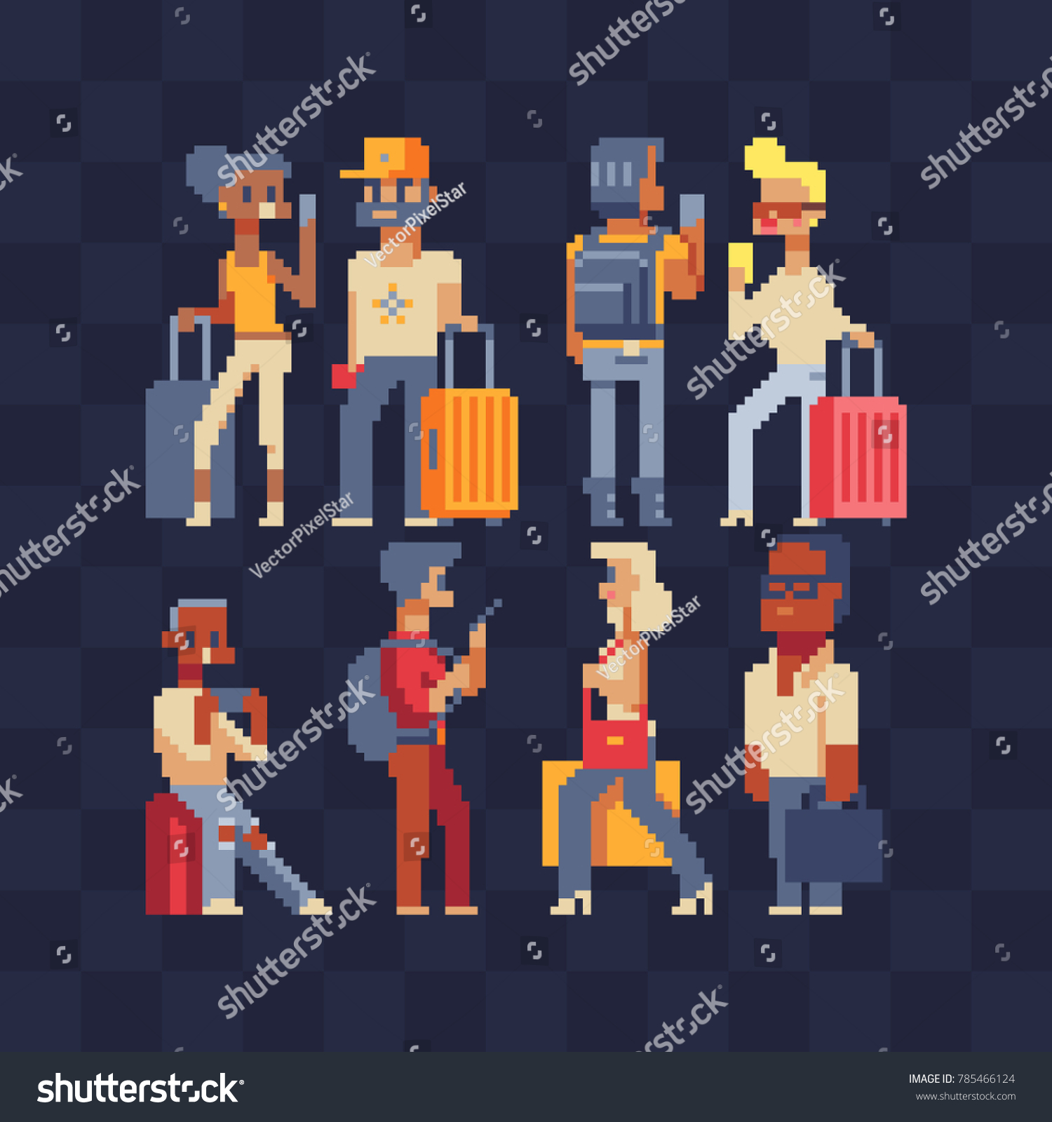 Vector set of people traveling. Pixel art. Waiting at the airport. Tourists characters. People traveling with suitcases. Woman and man holding phone ready for vacation travel at the airport.