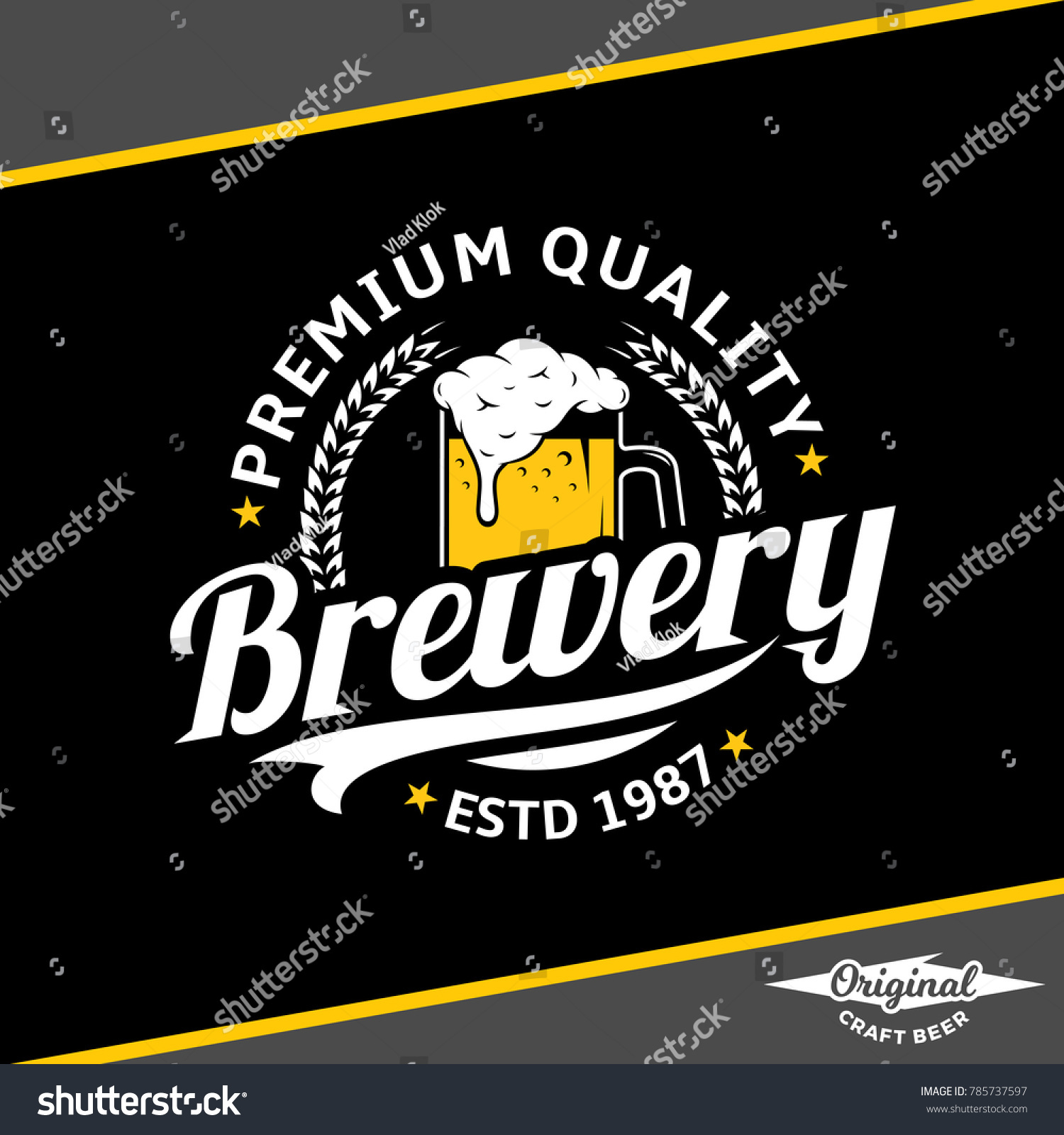 Vector white and yellow vintage brewery logo isolated on black background