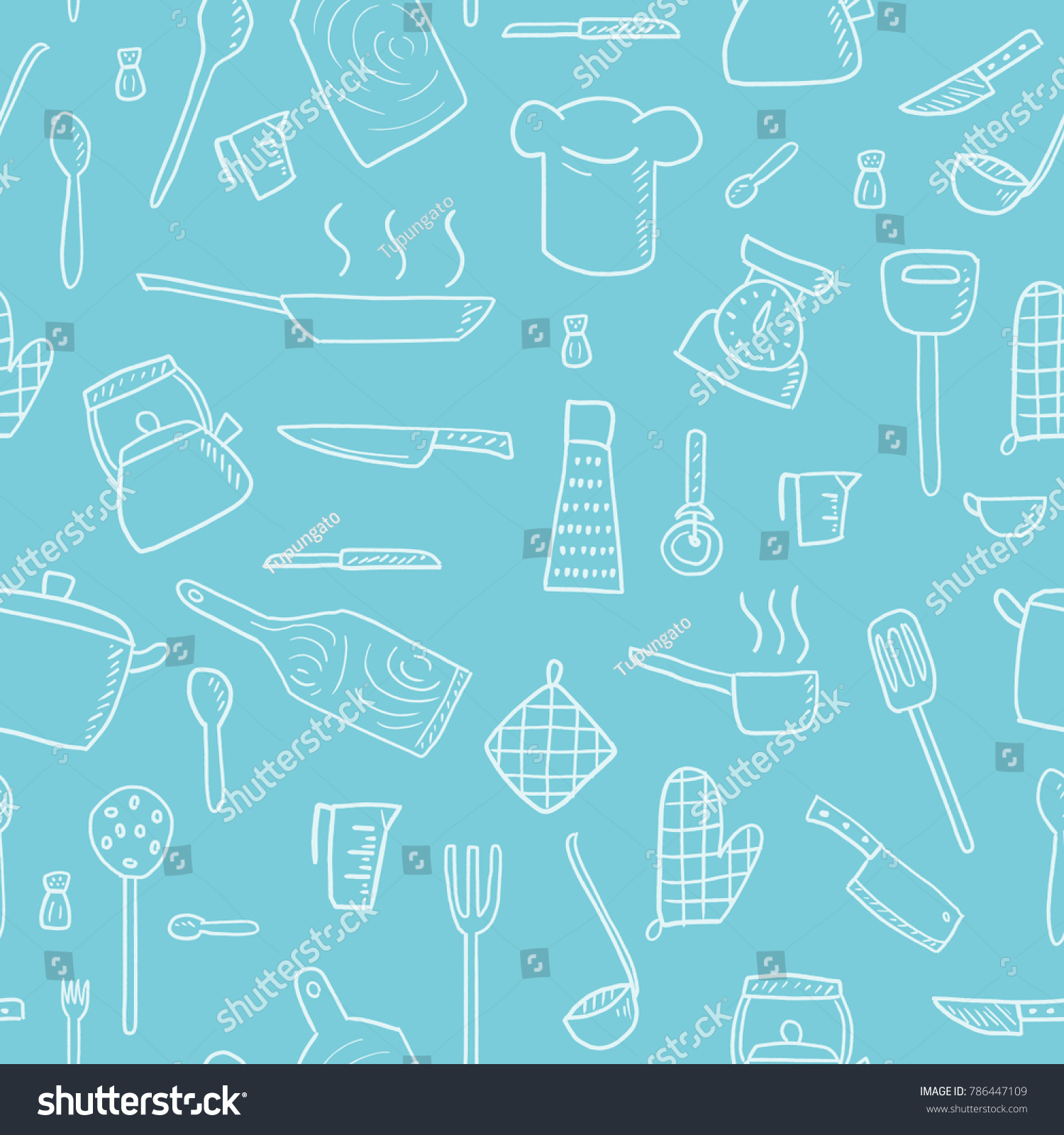 Cooking utensils and kitchen tools - seamless background doodle vector.