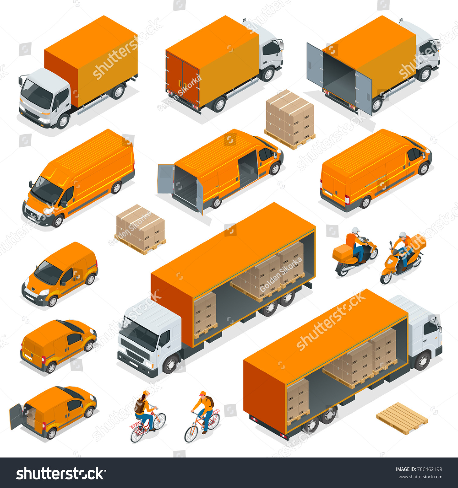 Isometric Logistics icons set of different transportation distribution vehicles  delivery elements. Cargo transport isolated on white background.