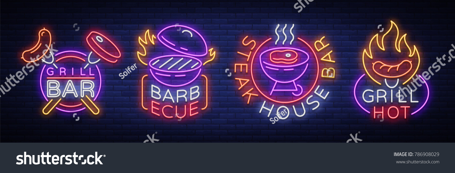 Grill is a set of neon-style logos. Vector illustration on the theme of food  meat of the same. Collection of neon signs  Grill bar  restaurant  snack bar  dining room. Barbecue  Steak House