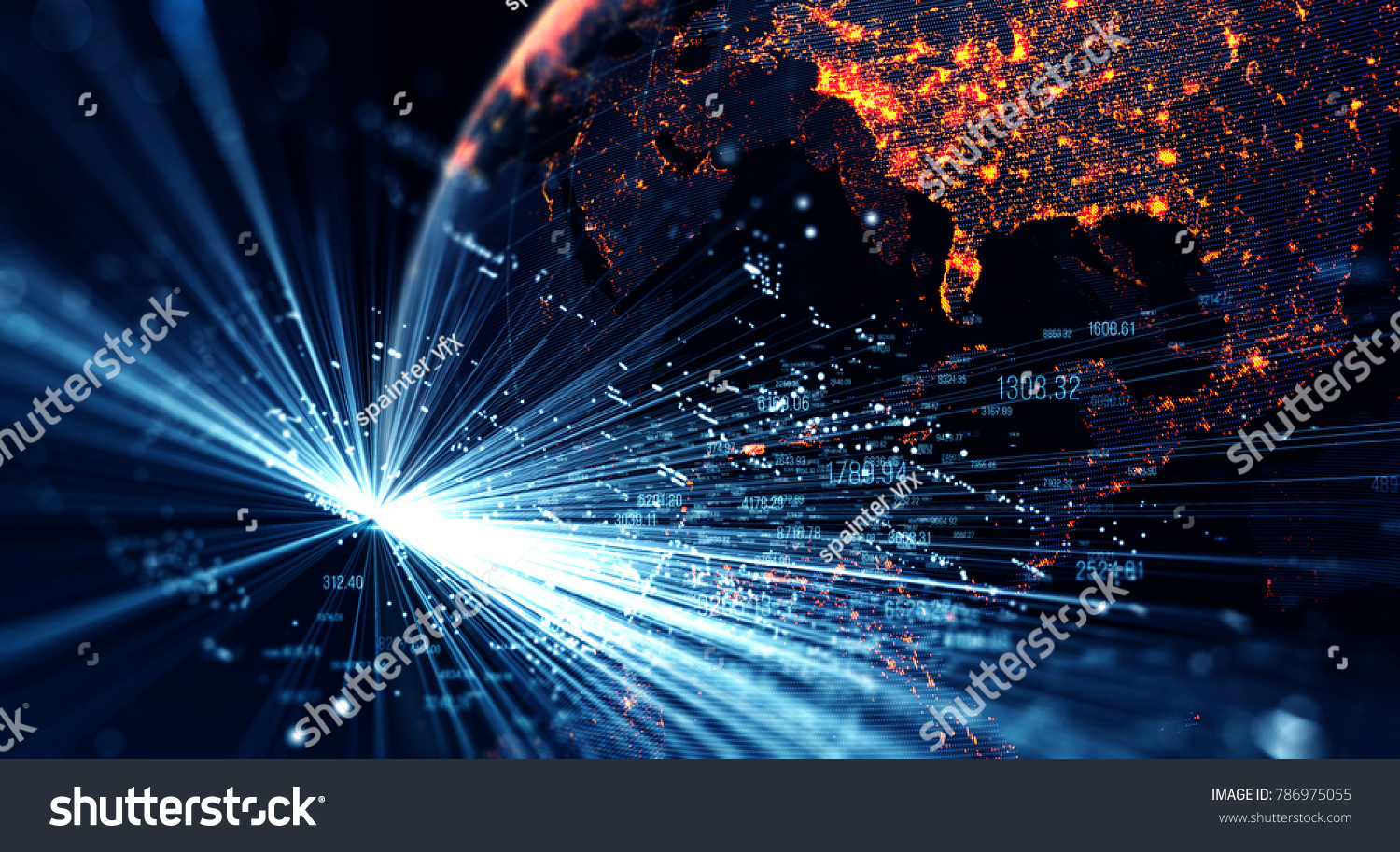 地球周围的连接线 数字数据流的运动。未来派技术主题背景具有光效果。 3D渲染