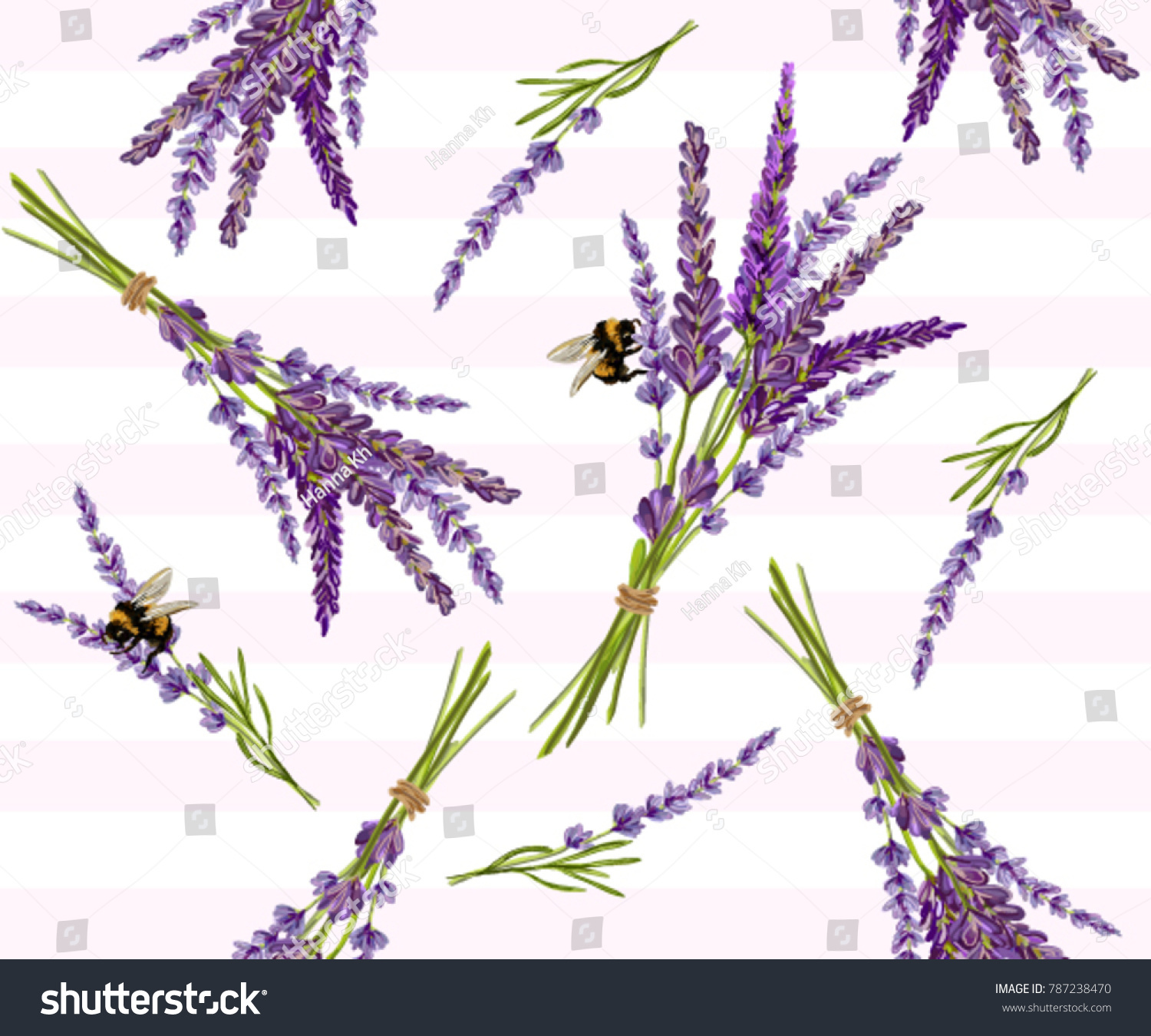 Beautiful hand drawn vector lavender flower seamless pattern with bumblebee insects. Isolated objects on white background. Perfect for wallpapers  web page backgrounds  surface textures  textile.