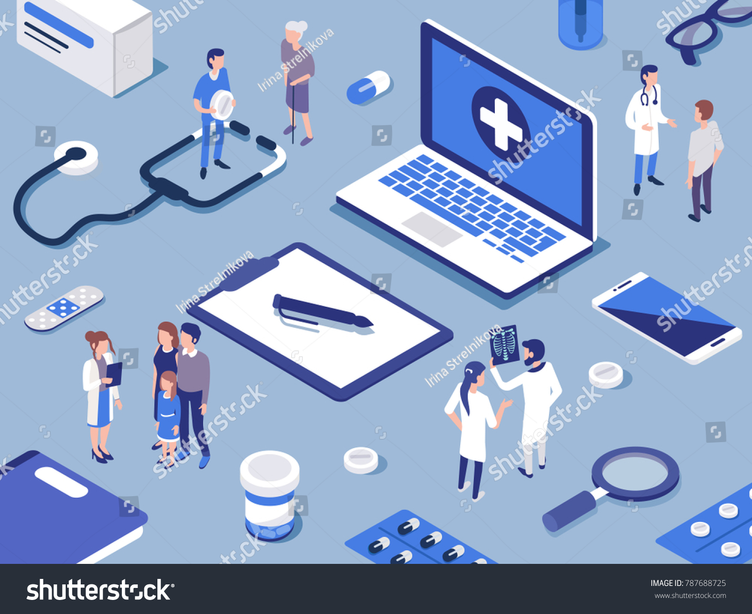 Different medical staff with their patients.  Healthcare concept. Flat isometric  vector illustration. 