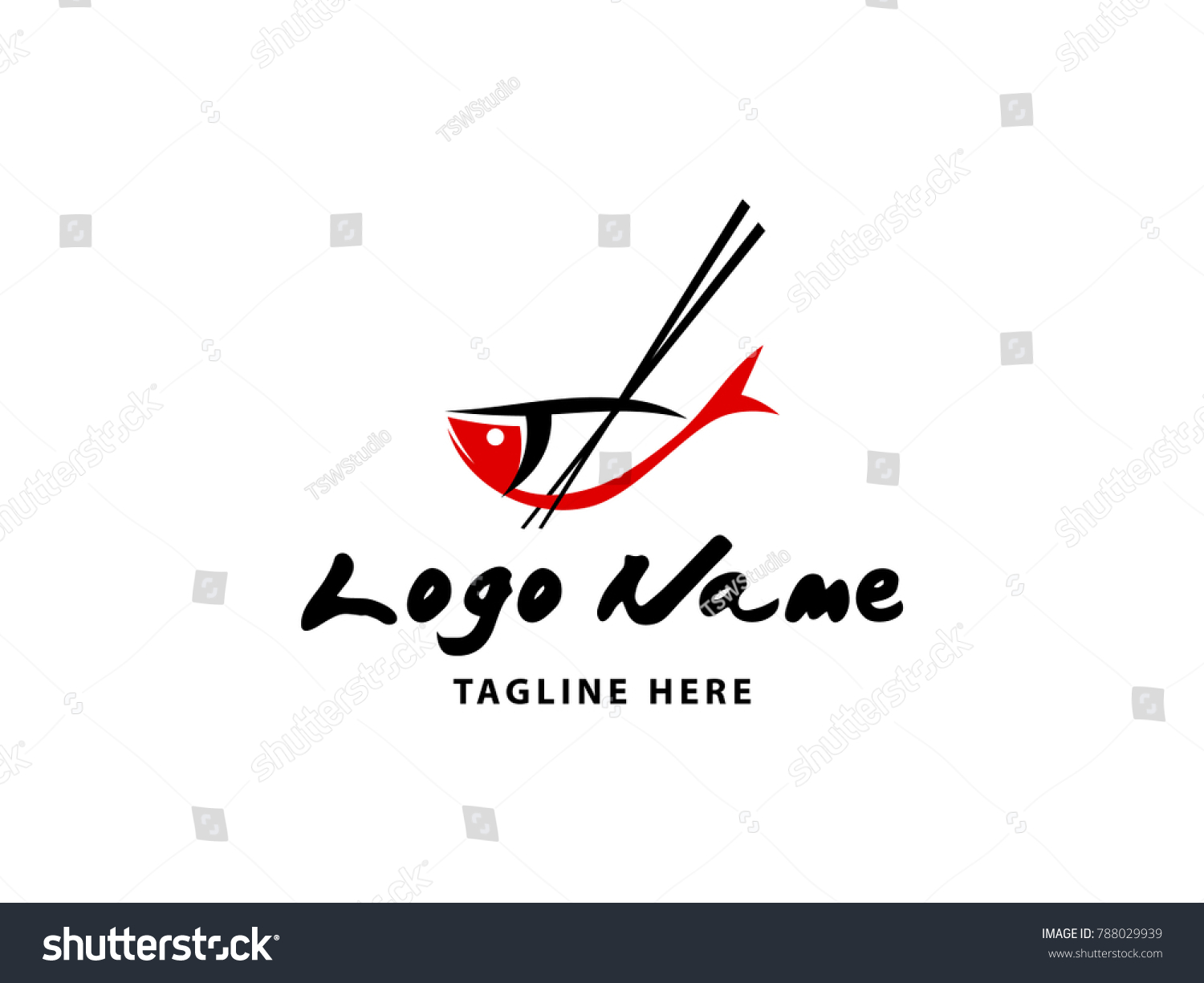 Simple sushi logo with combining fish and chopsticks as main element. Suitable for food and drink business.