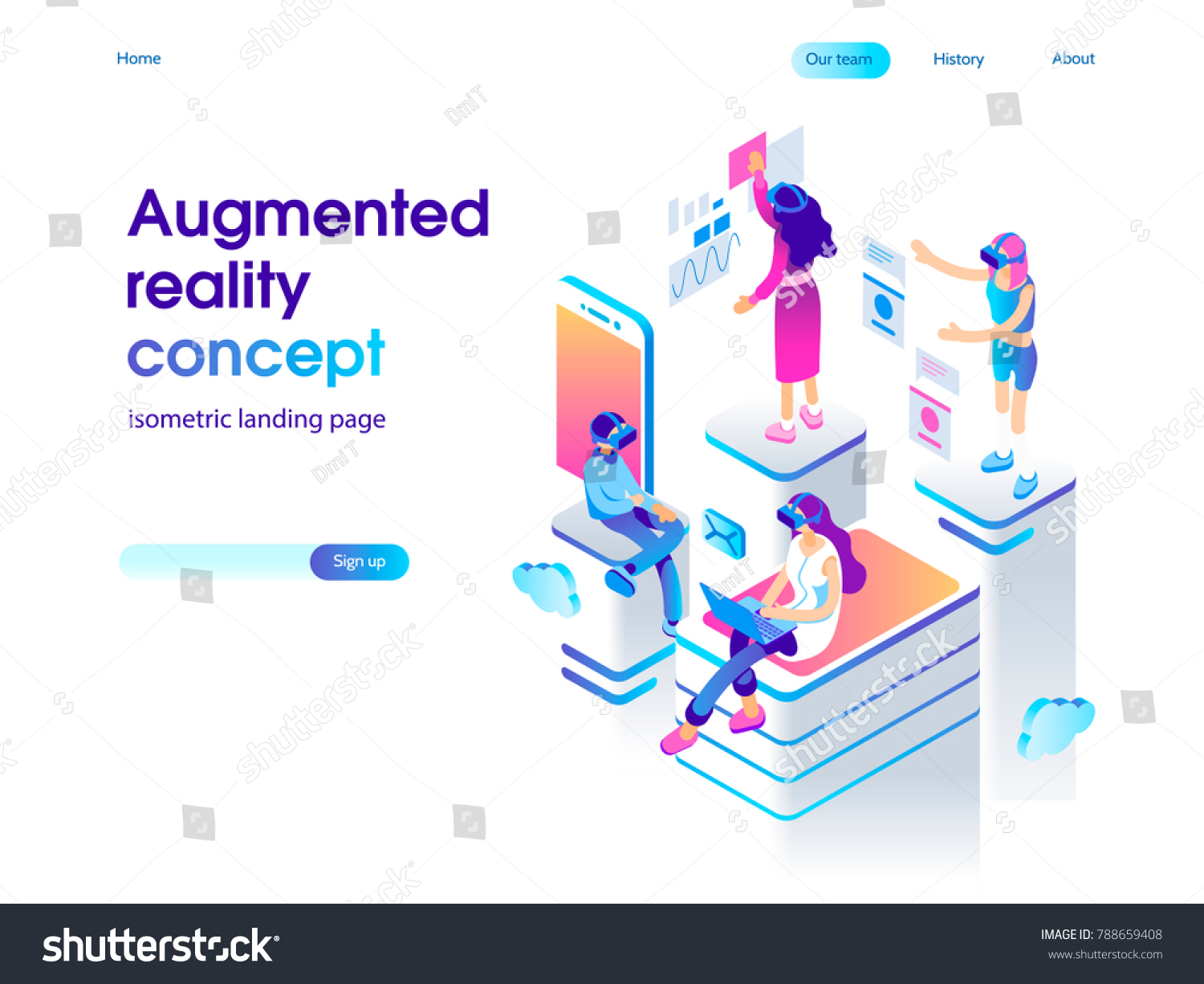 虚拟增强现实眼镜的概念 人们学习和娱乐。着陆页模板。 3D矢量等距图。