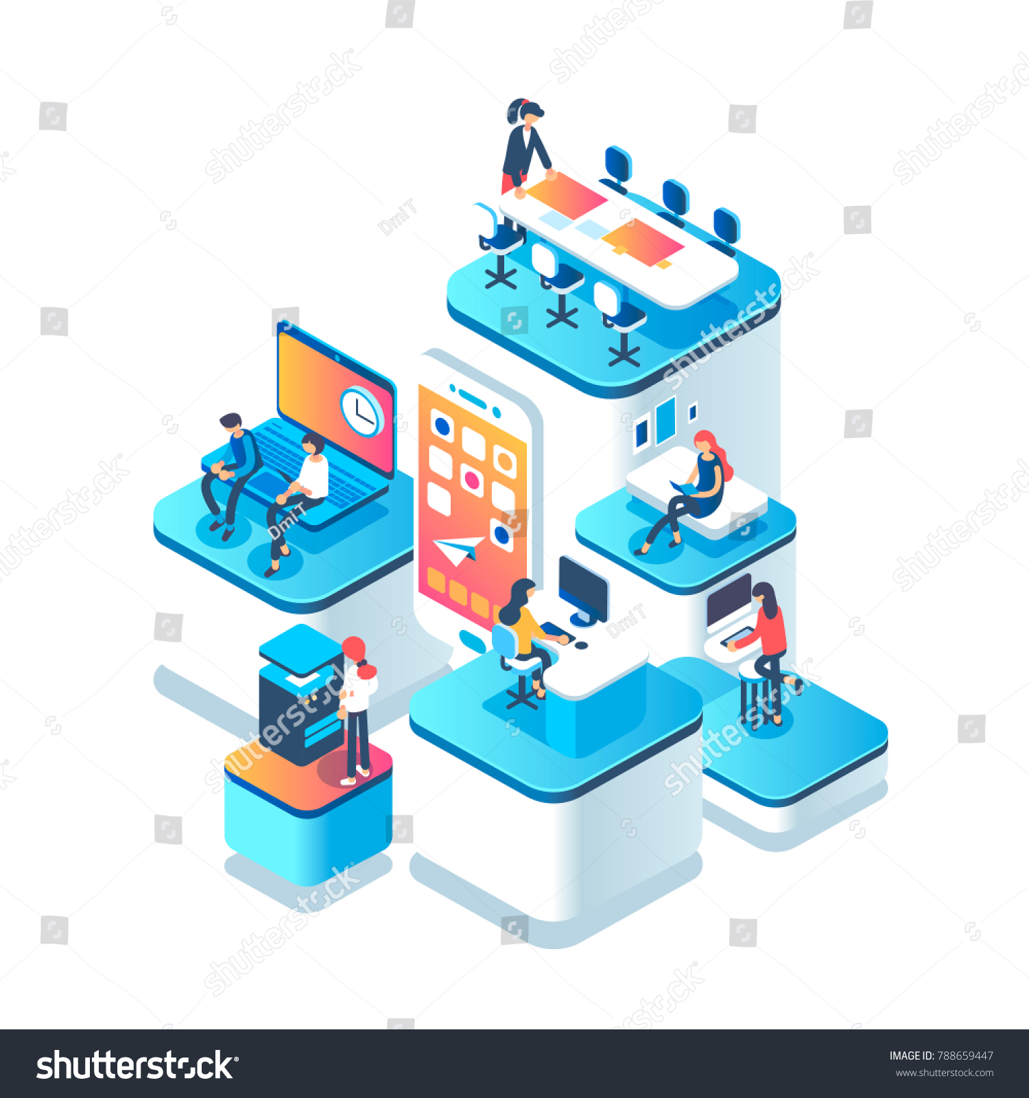 People work in a team and achieve the goal. Startup concept. Launch a new product on a market. Isometric illustration.