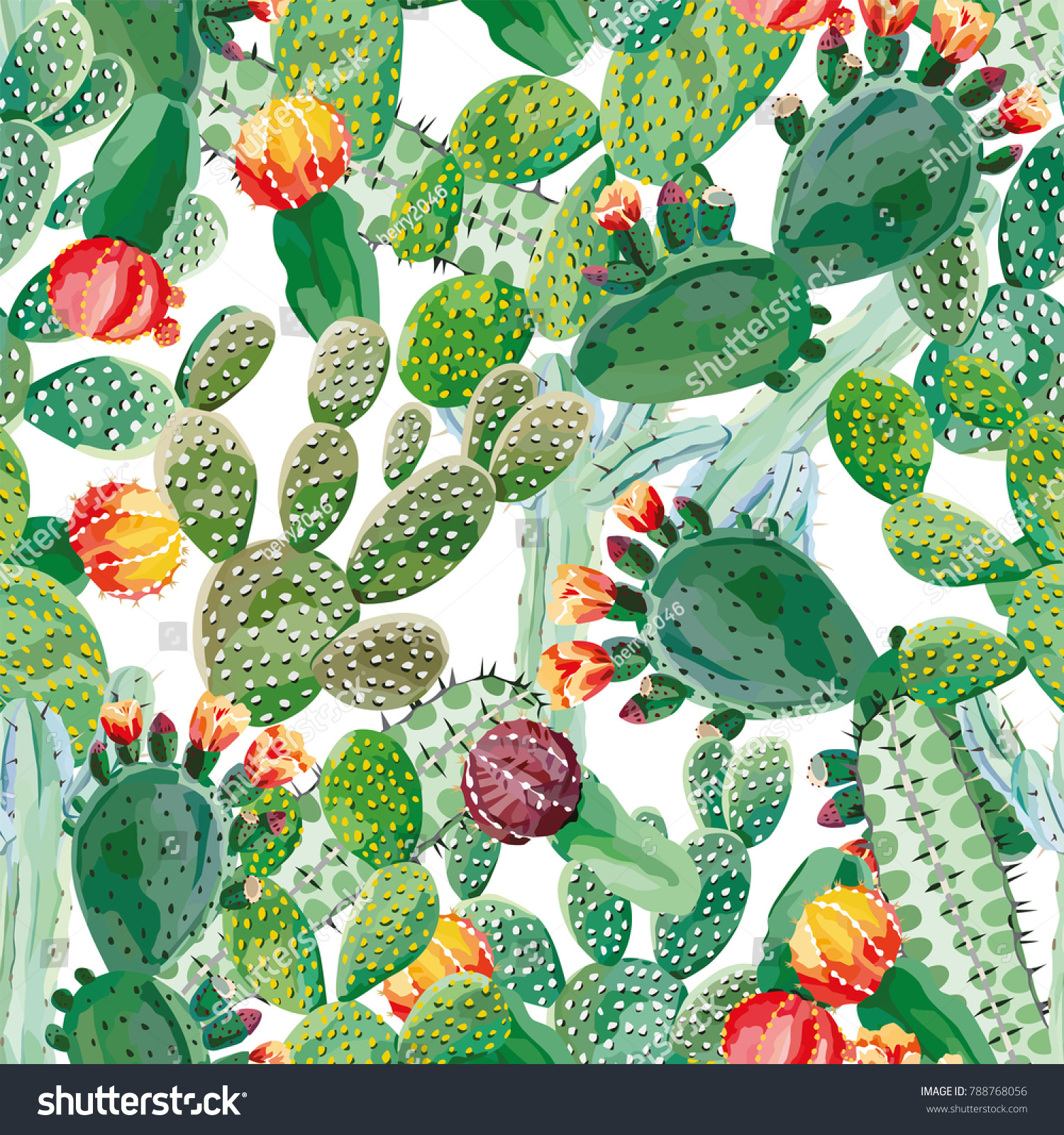 Cactus vector seamless pattern white background. Exotic wallpaper