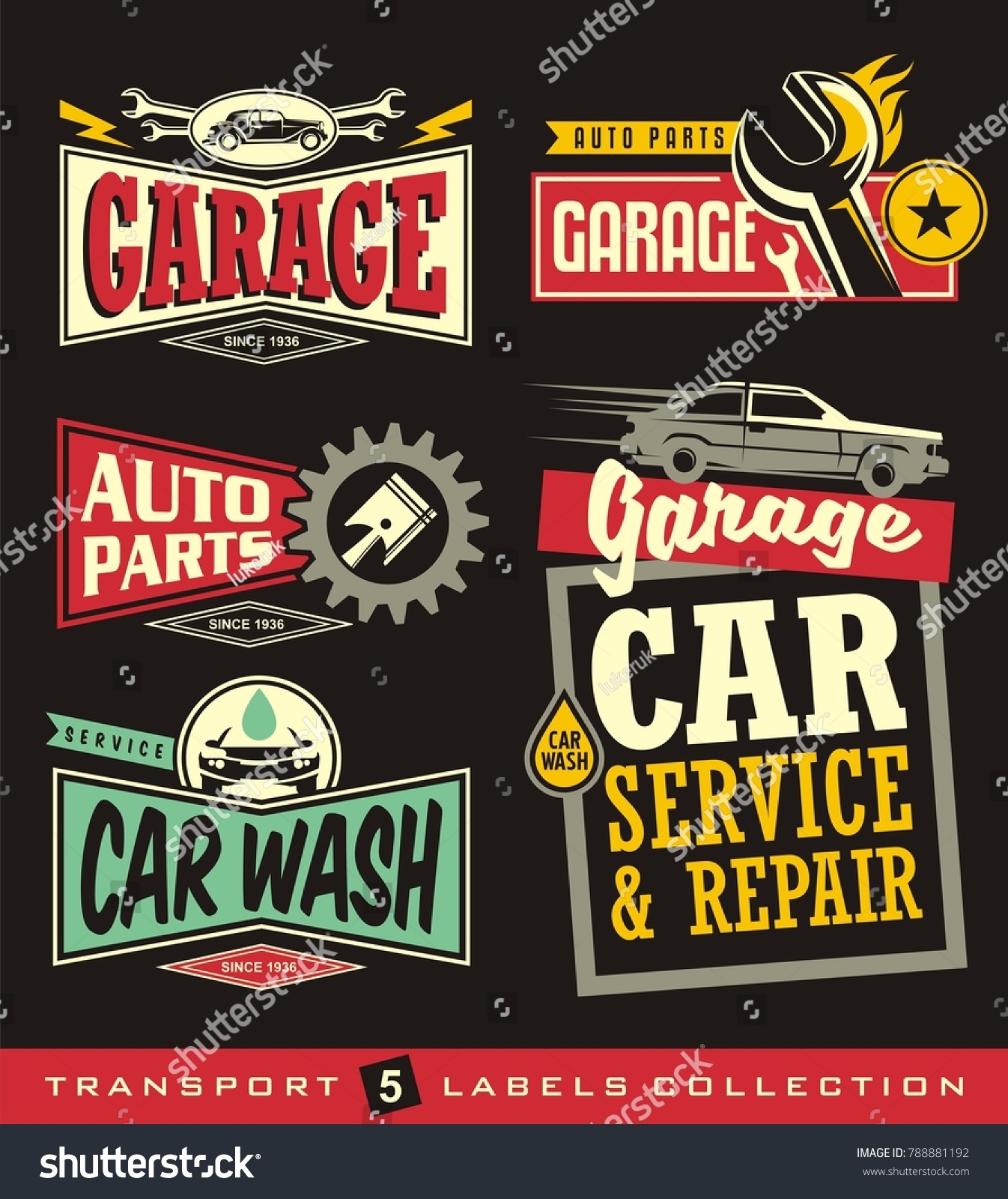 Car labels  signs  emblems  logos and stickers collection. Garage  car service  auto parts  car wash. Vector set.