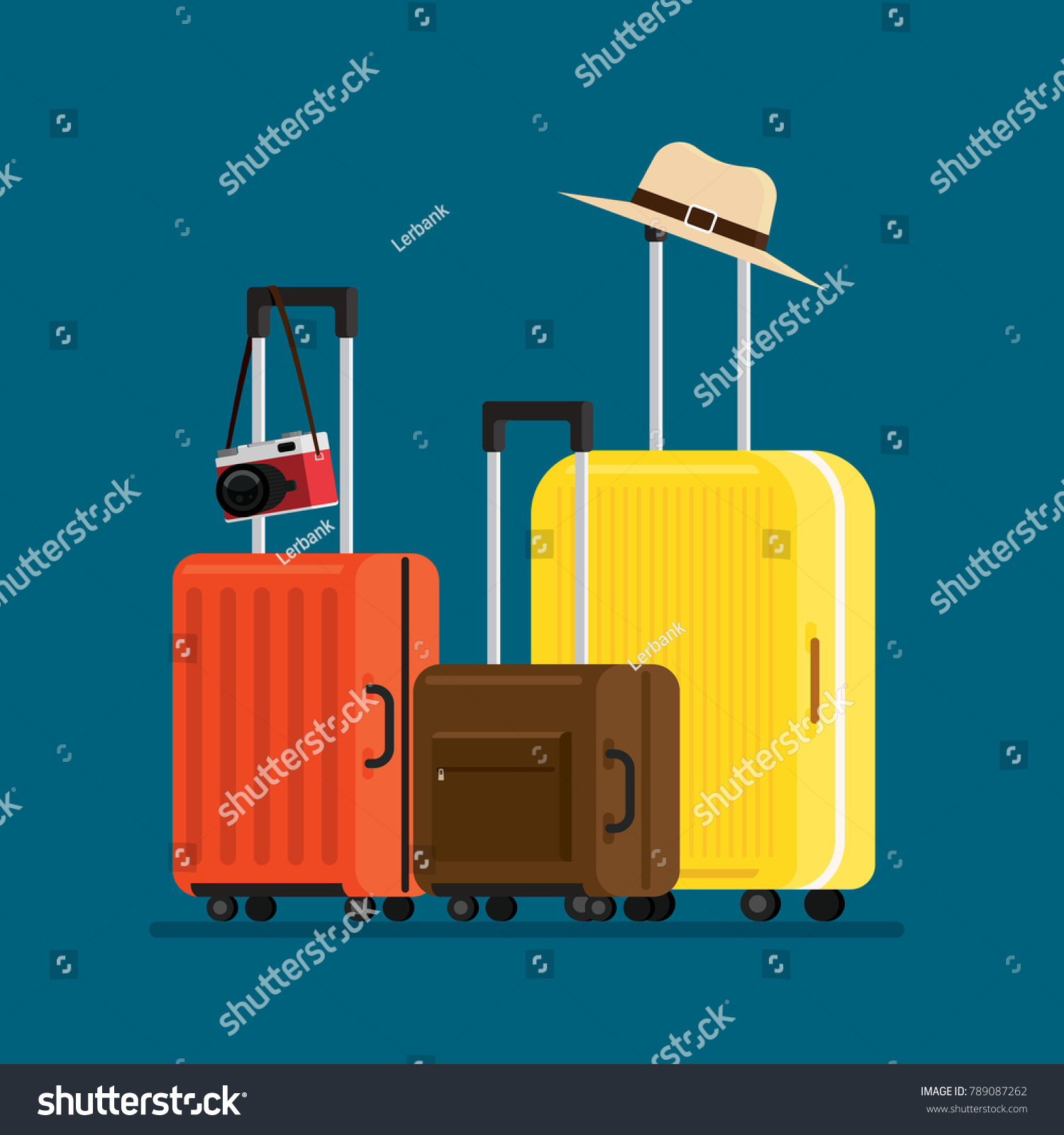 travel suitcases and hat camera isolated  Vector Illustration