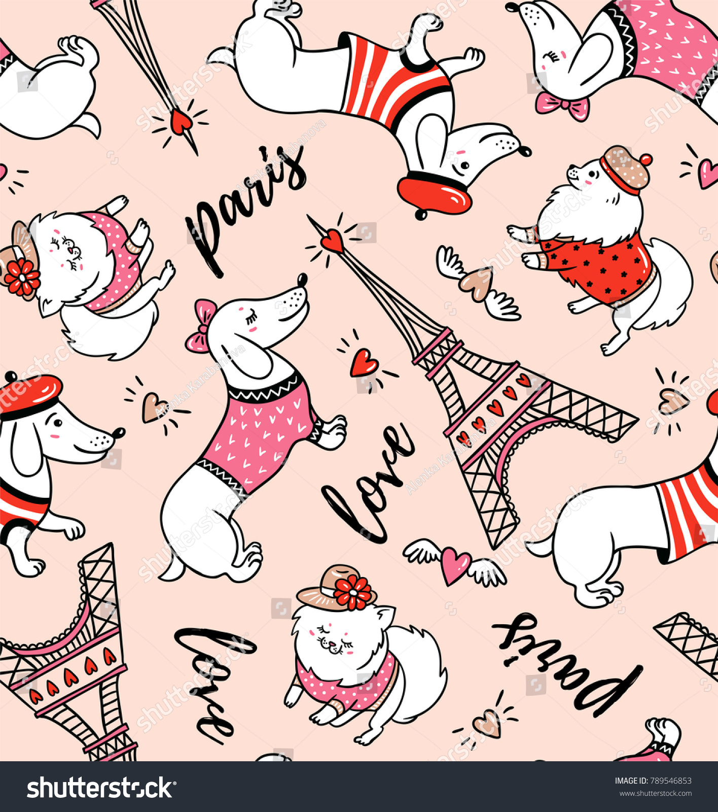 French style dog seamless pattern on pink background. Cute cartoon parisian dachshund and Eiffel tower vector illustration. French style dressed dog with red beret.