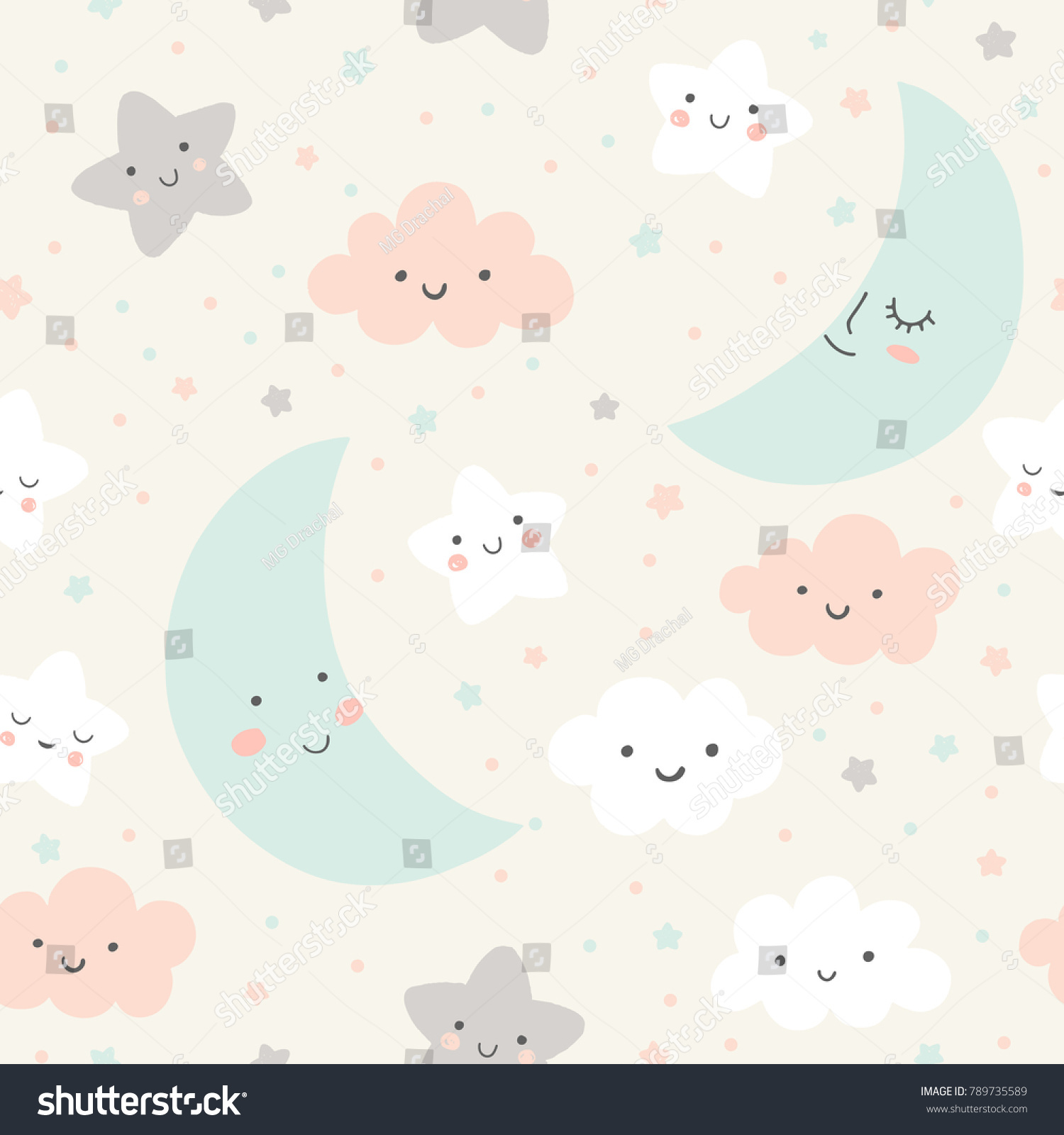 Cute sky pattern. Seamless vector design with smiling sleeping moon ...