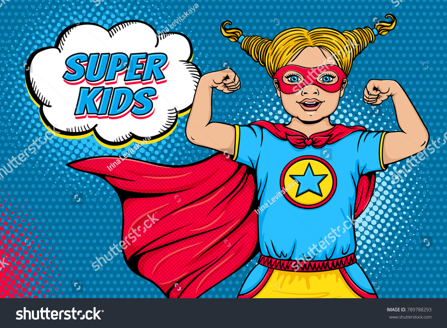Wow face. Cute surprised blonde little girl dressed like superhero with open mouth shows her power and Super Kids speech bubble. Vector illustration in retro pop art comic style. Invitation poster.