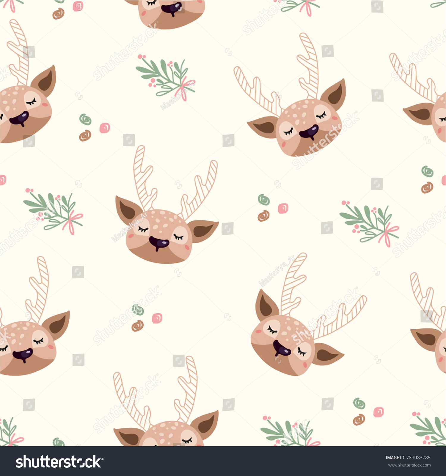 Deer head seamless. Cute deer with the background flowers for the holidays.Deer head seamless pattern.  Woodland Deer with flowers. 