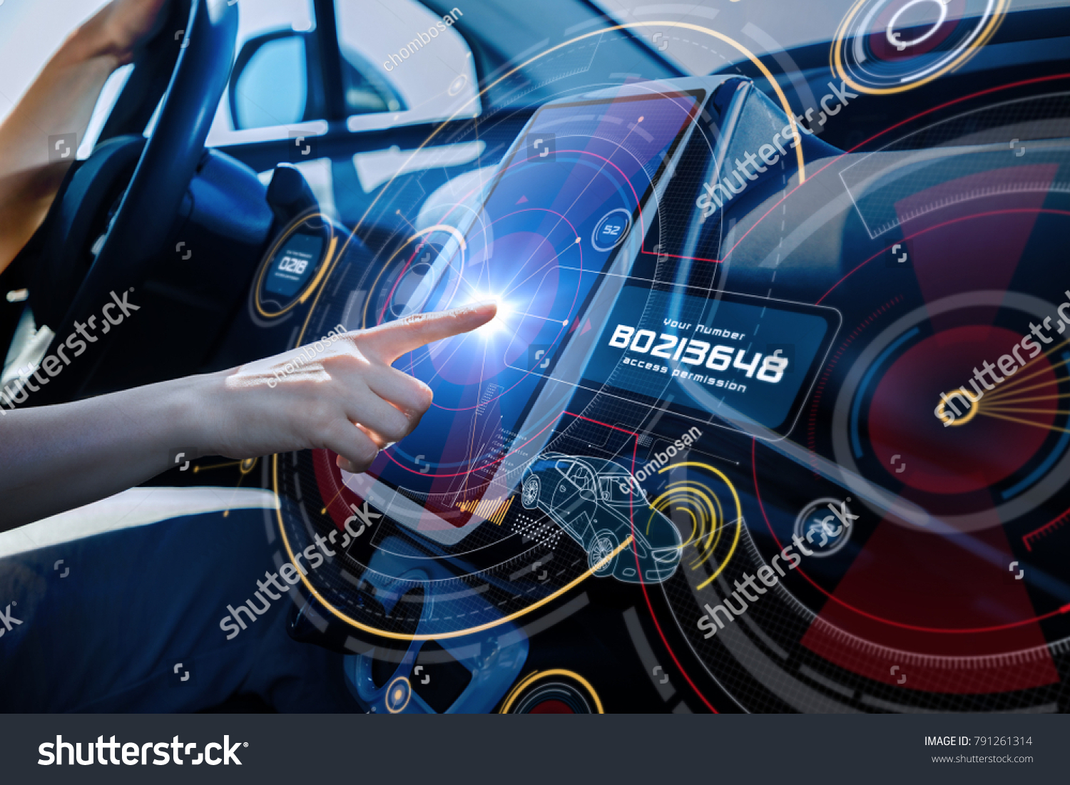 Futuristic car cockpit and touch screen. Autonomous car. Driverless vehicle. HUD(Head up display). GUI(Graphical User Interface). IoT(Internet of Things).