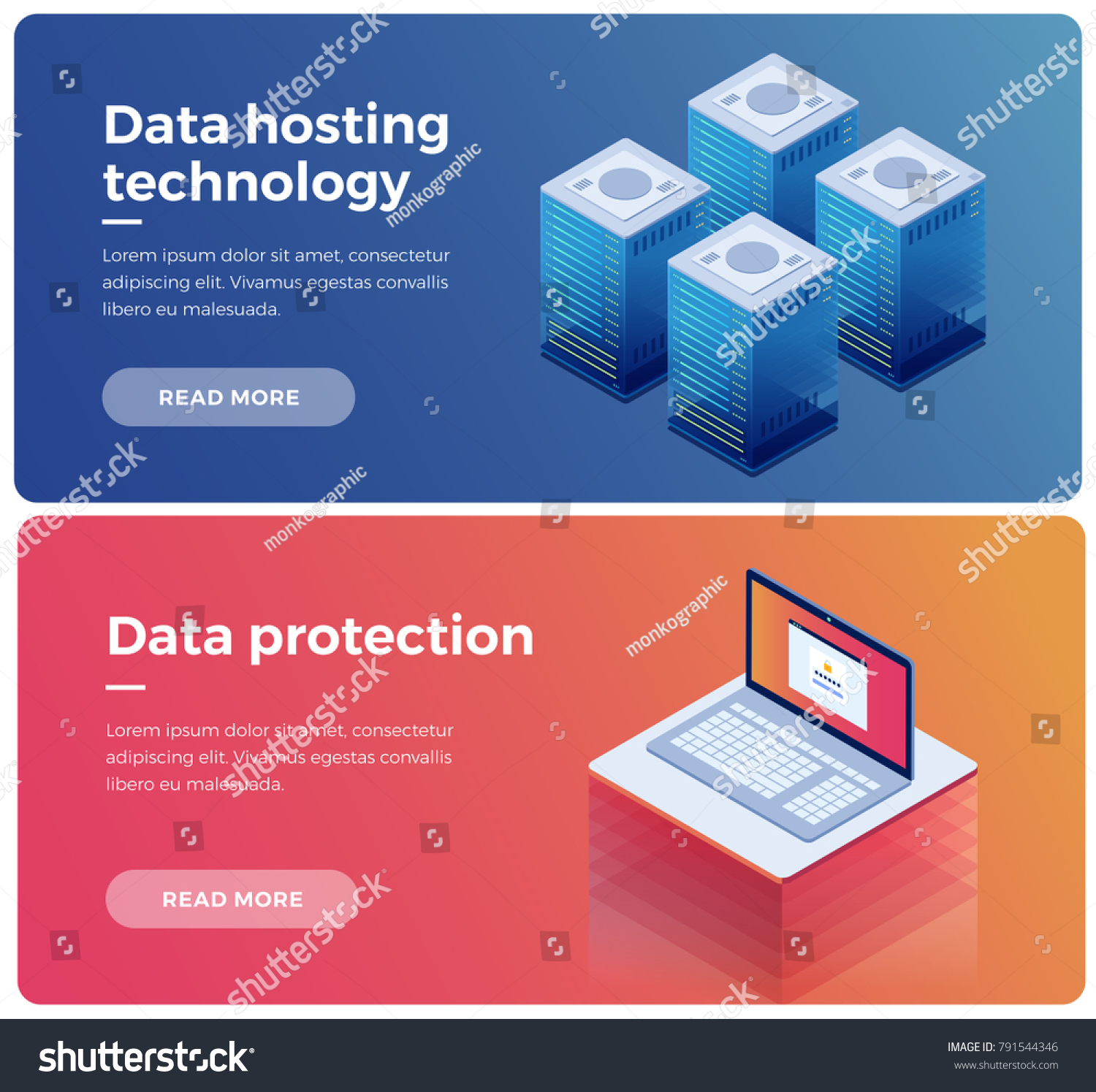 Banner. Internet equipment industry. Data transmission technology and data protection. Illustration of network telecommunication server. Protecting your personal information. 3d isometric flat design.