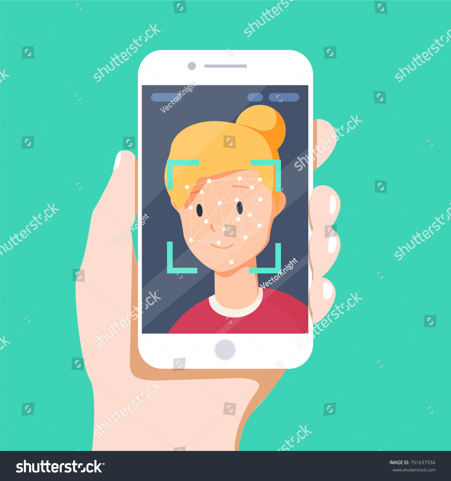 Facial recognition concept. Face ID  face recognition system. Hand holding smartphone with human head and scanning app on screen. Modern application. Flat design graphic elements. Vector illustration