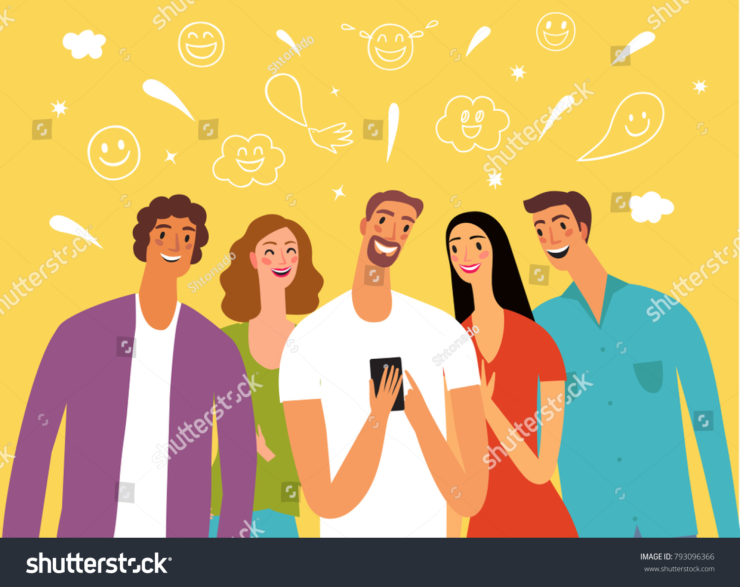 Friends looking video and laughing. Cartoon portraits. Joke and fun illustration. 