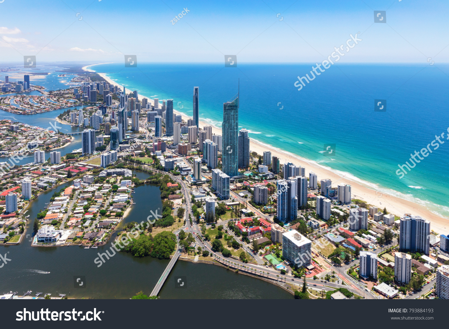 Sunny aerial view of Surfers Paradise on the Gold Coast  Queensland  Australia