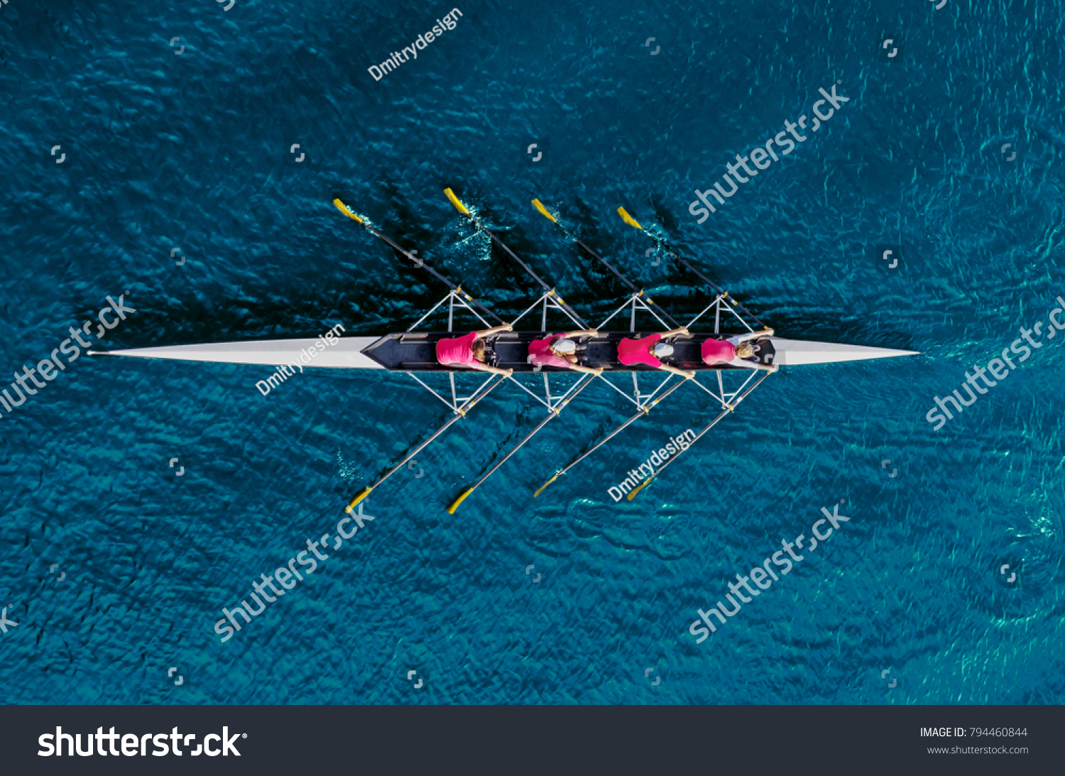 Women's rowing team on blue water  top view
