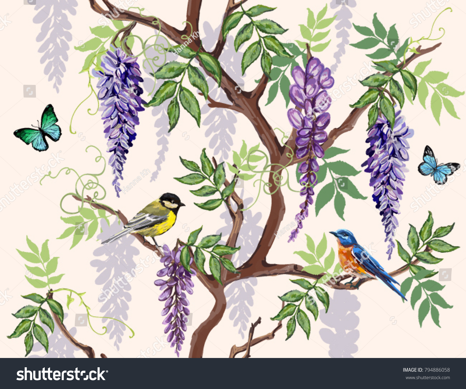 Seamless vector floral summer pattern background with tropical japanese flowers  birds  butterflies  wisteria. Perfect for wallpapers  web page backgrounds  surface textures  textile.