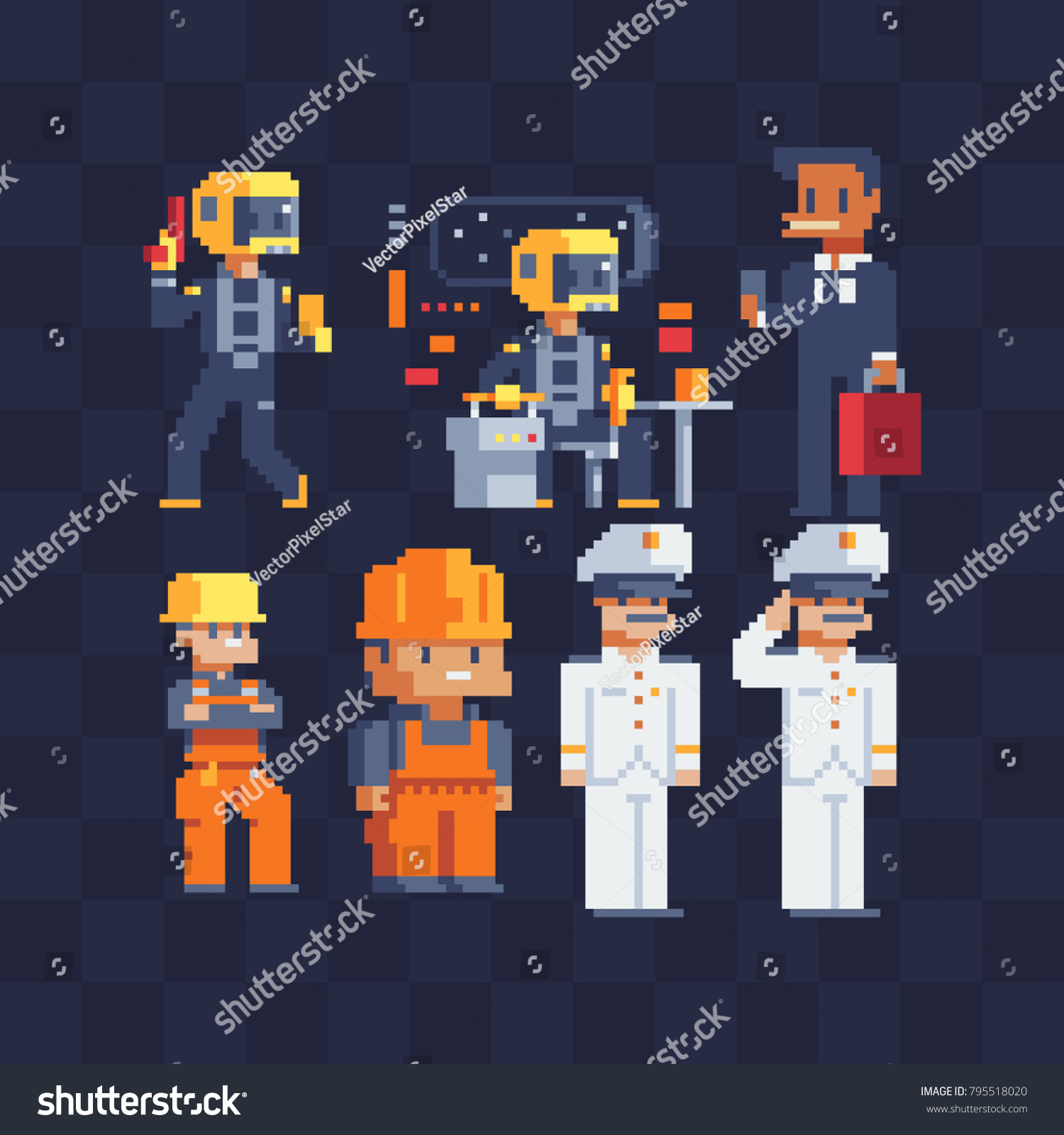 Different profession set. Pixel art 80's style. Men characters. Spacecraft pilot  businessman  builder and captain. Isolated vector illustration.