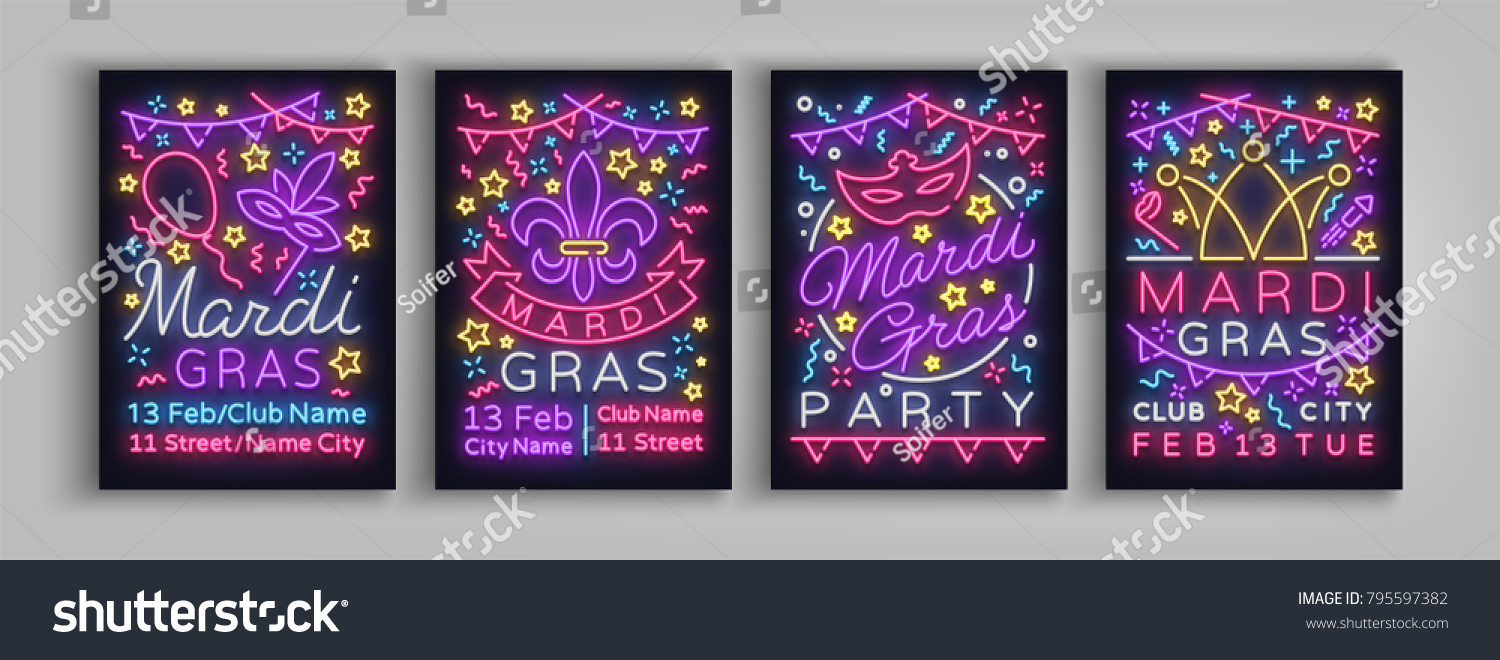 Mardi game set design templates invitation. Collection of posters in neon style neon sign bright brochure glowing banner  flyer  postcard invitations to Fat Tuesday. Carnival. Vector illustration