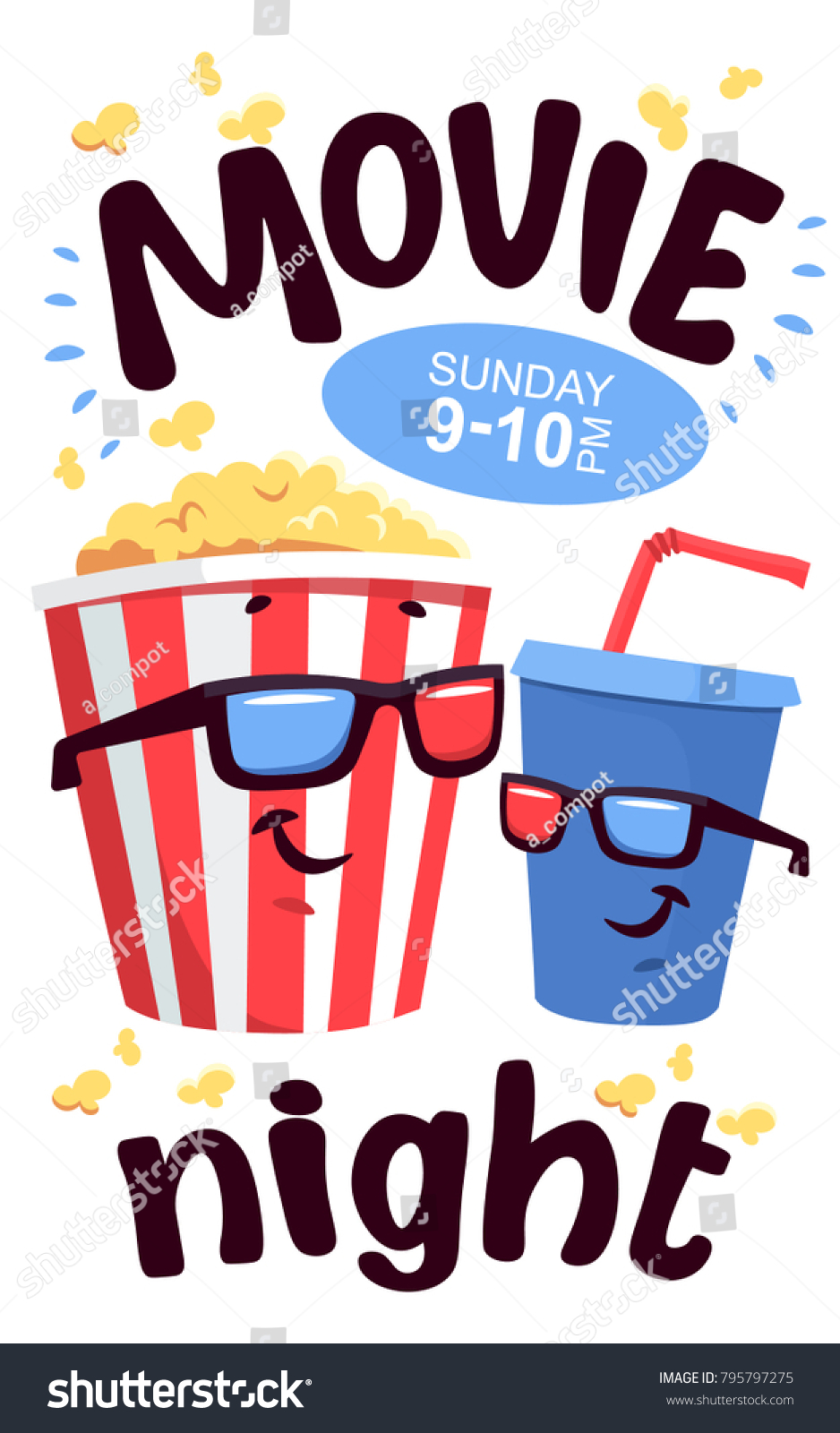 Vector cartoon cinema poster  card or flyer. Illustration of popcorn  3d glasses  soda. Promotional film templates for ads or banners.