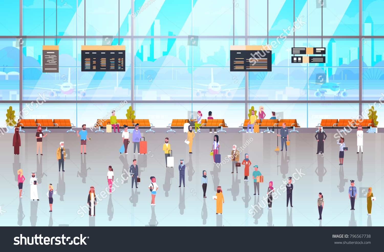 Modern Airport Interior People Passengers With Baggage Walking Through At Waiting Hall And Departure Lounge To Terminal Flat Vector Illustration