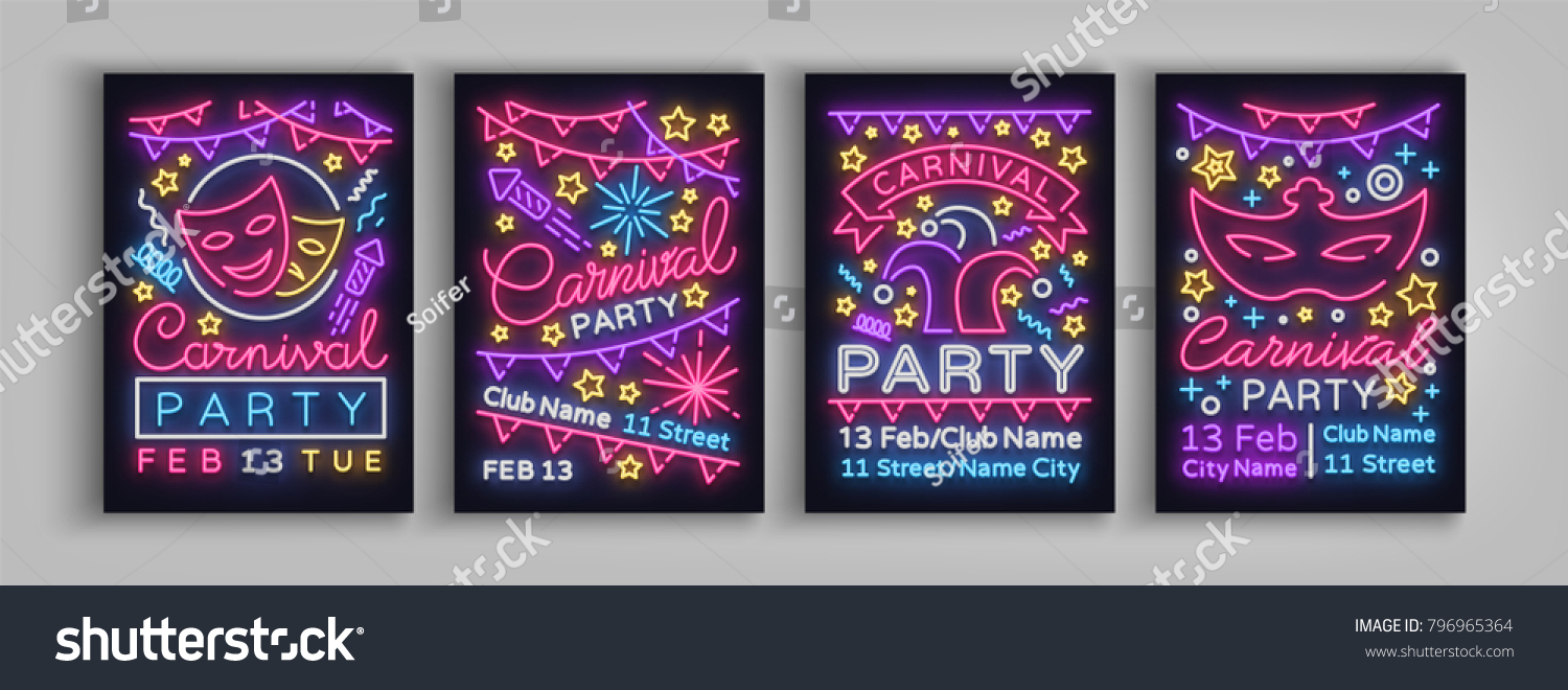 Carnival party is set of posters in neon style. Collection of neon signs  design template  brochure  glowing poster. Bright neon advertising of carnival  masquerade  dance party. Vector illustration